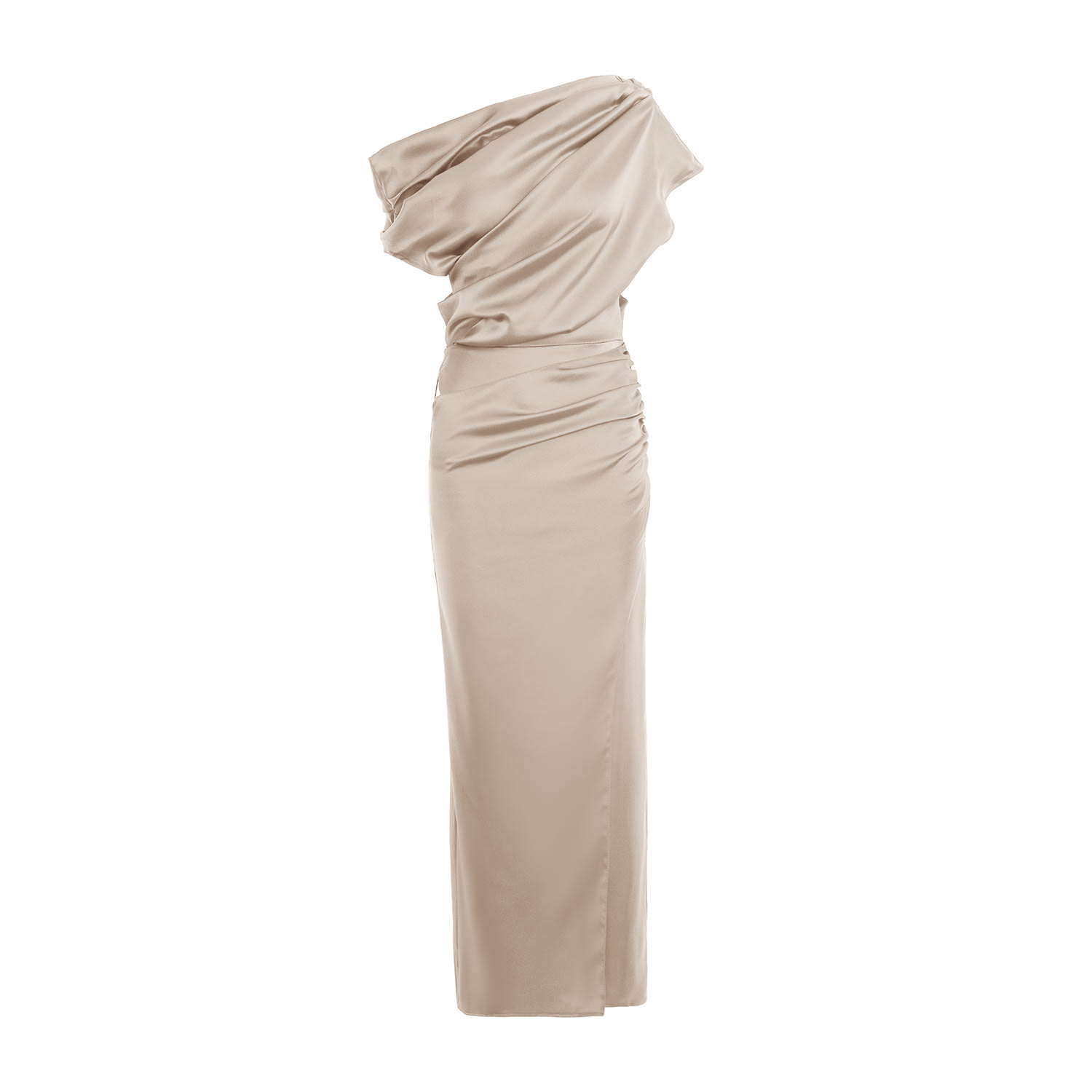 Bluzat Women's Brown Beige Off-shoulder Draped Maxi Dress With Asymmetrical Design
