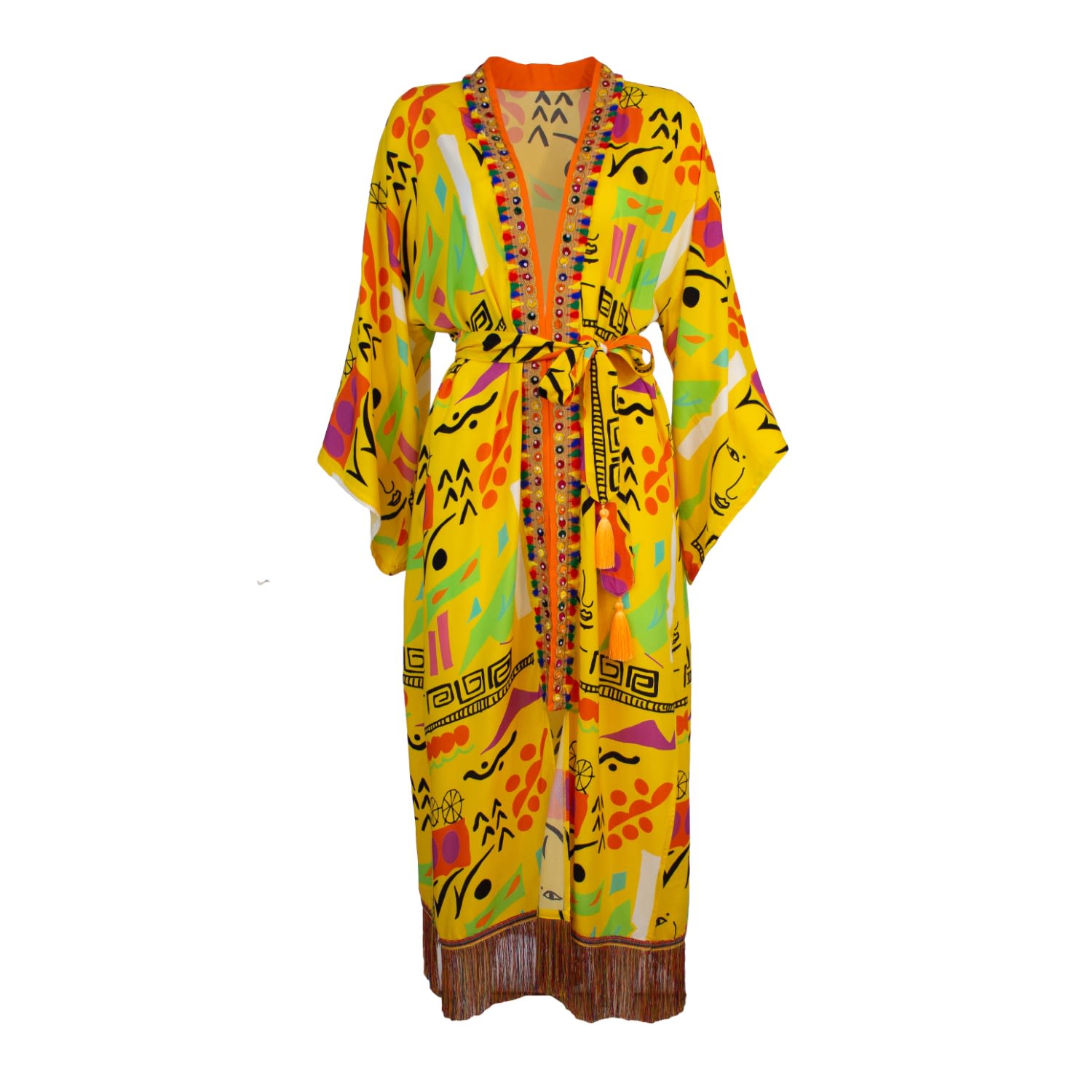 Lalipop Design Women's Yellow Viscose Kimono With Embroidery Border In Yellow
