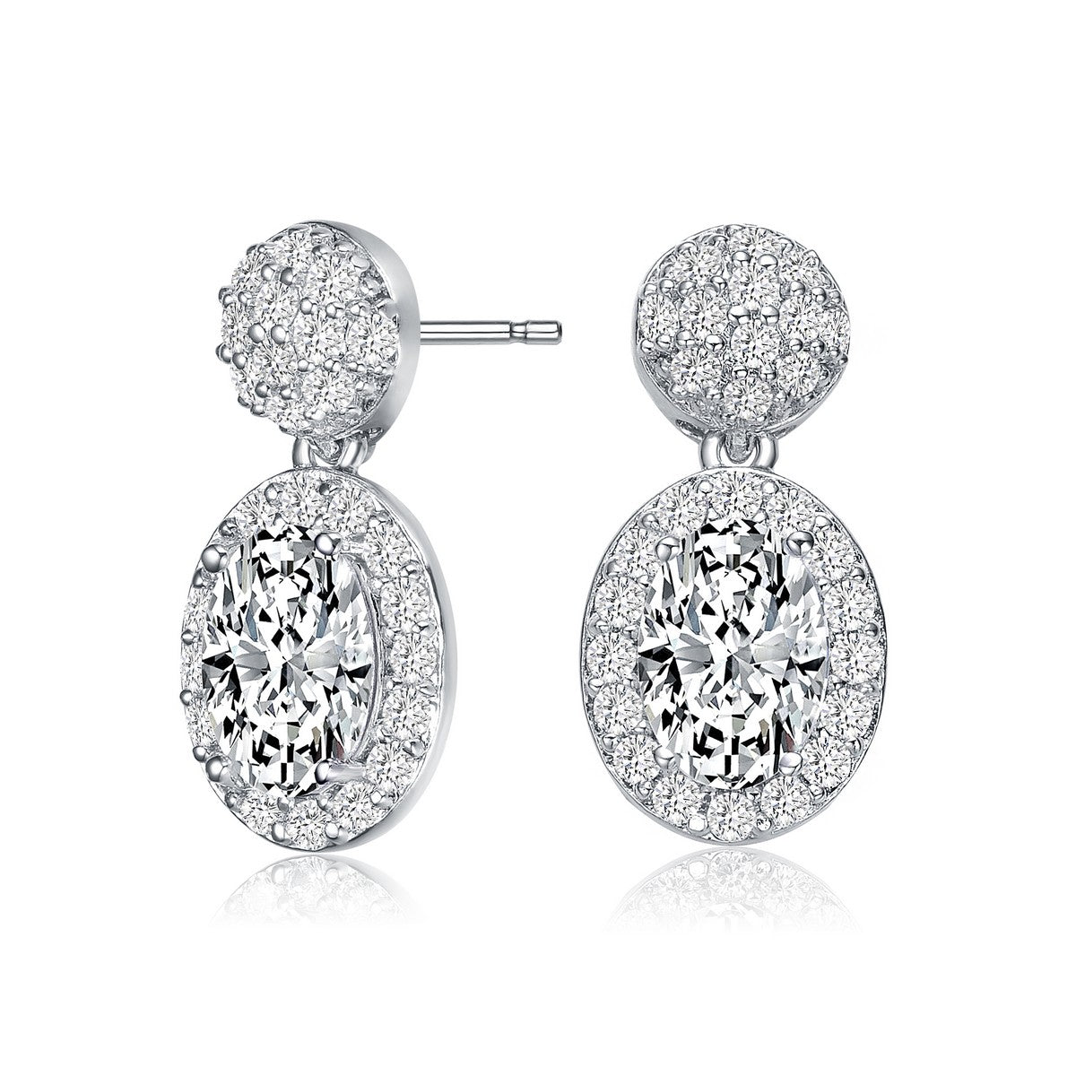 Women’s White / Silver Sterling Silver With Rhodium Plated Clear Oval And Round Cubic Zirconia Halo With Cluster Post Drop Earrings Genevive Jewelry