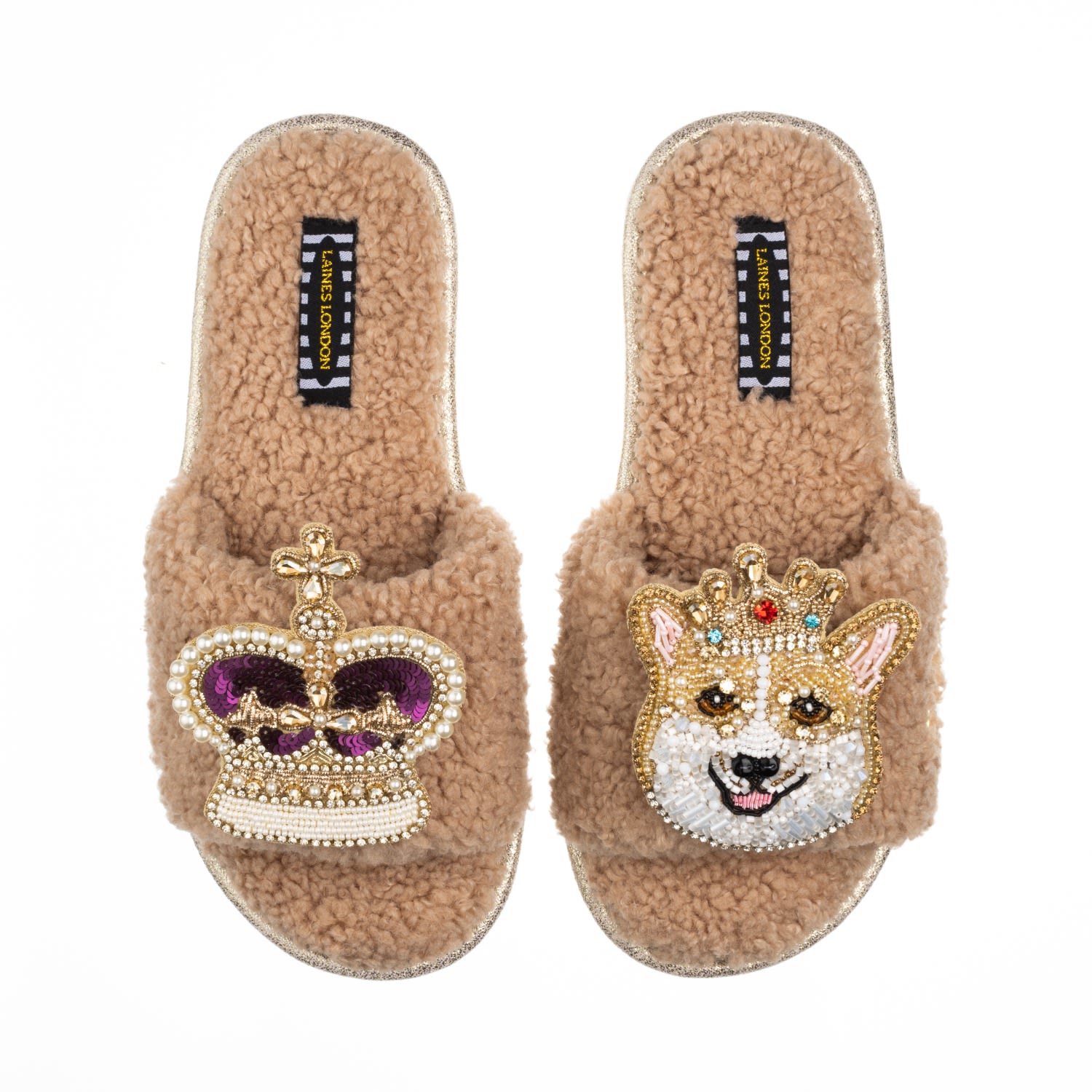 Laines London Women's Brown Teddy Towelling Slipper Sliders With Sandy The Corgi & Royal Crown Brooches -toffee In Brown