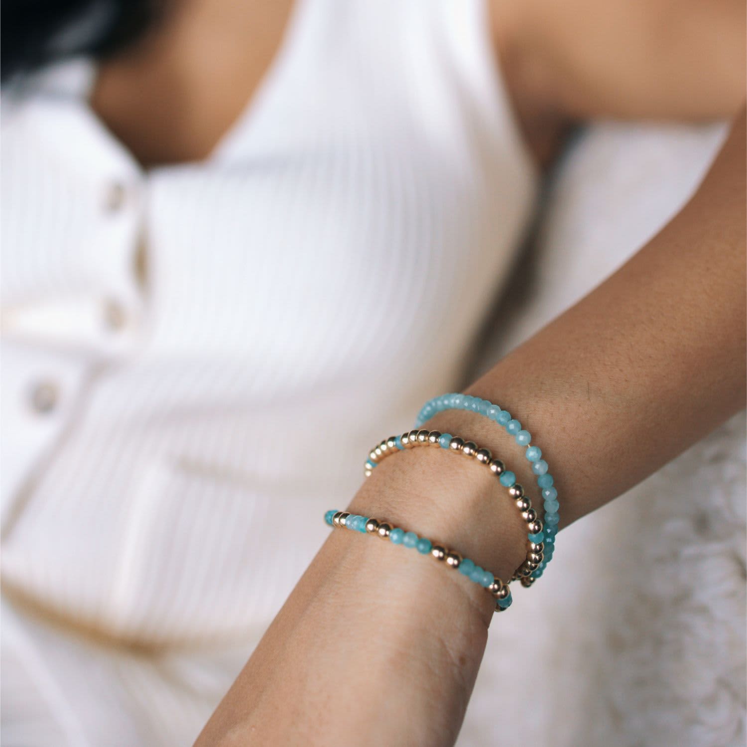 Tiffany Blue Beaded Knot Velvet Headband Aqua Amazonite Acrylic Beads Handmade Amazonite Round Bead Bracelet main image 4