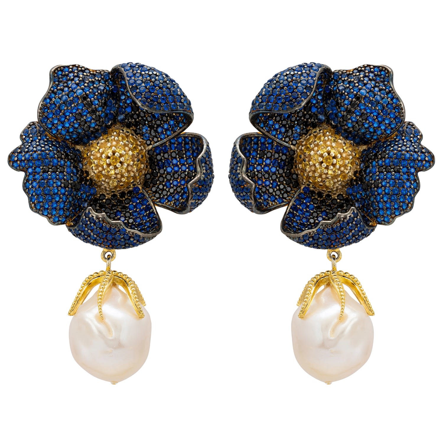 Women’s White / Gold / Blue Poppy Flower Baroque Pearl Earrings Sapphire Blue Gold Latelita