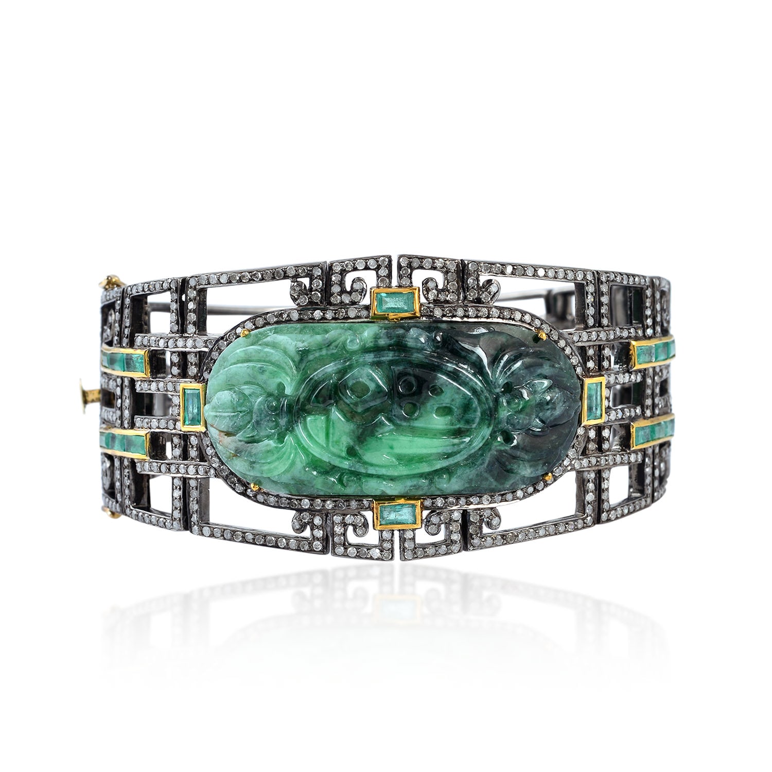 Women’s Gold / Green Carved Jade & Emerald Pave Diamond In 18K Gold With 925 Silver Antique Bangle Artisan