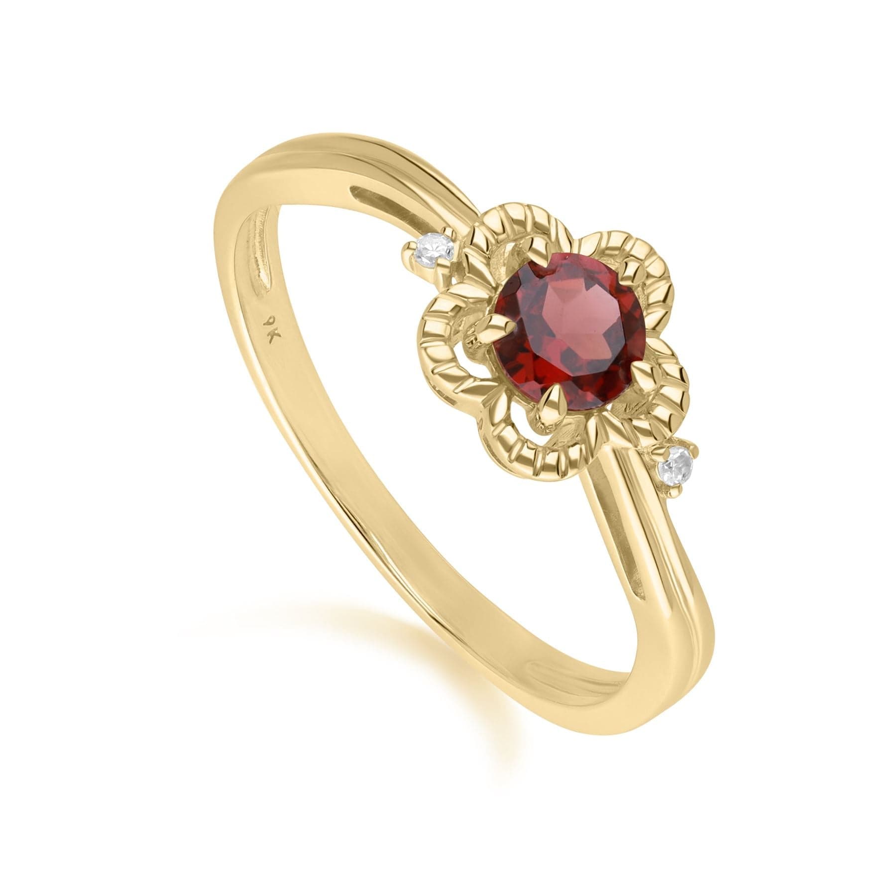 Women’s Red Floral Round Garnet & Diamond Ring In Yellow Gold Gemondo