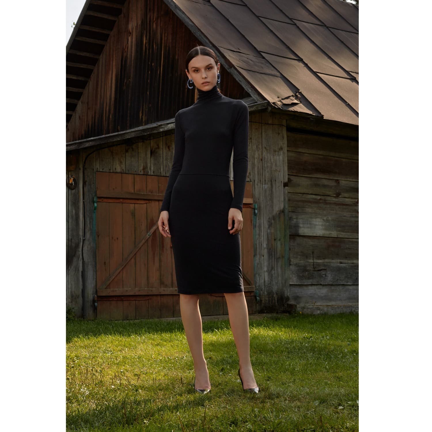 black fitted turtleneck dress