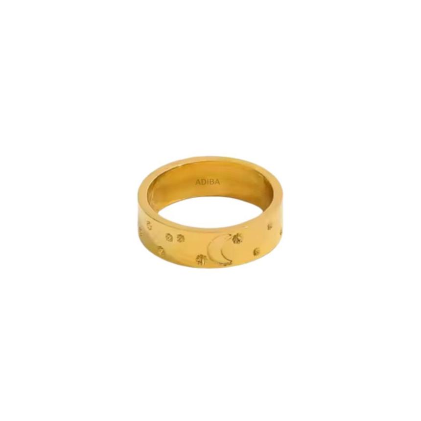 Adiba Women's Moon & Stars Wide Gold Plated Stainless Steel Ring