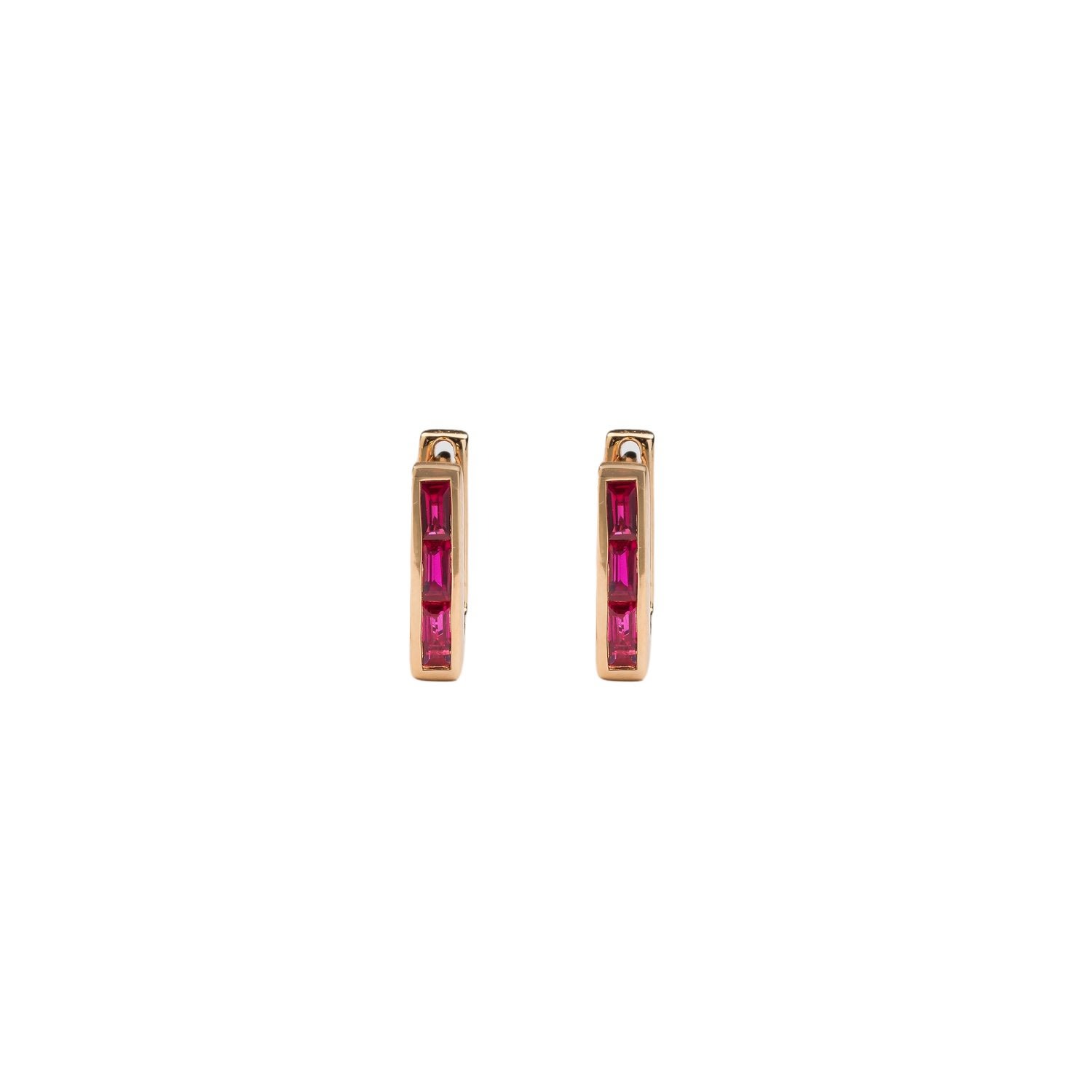 Women’s Red Skinny Square Huggie Earrings With Three Ruby Baguettes Rinoor