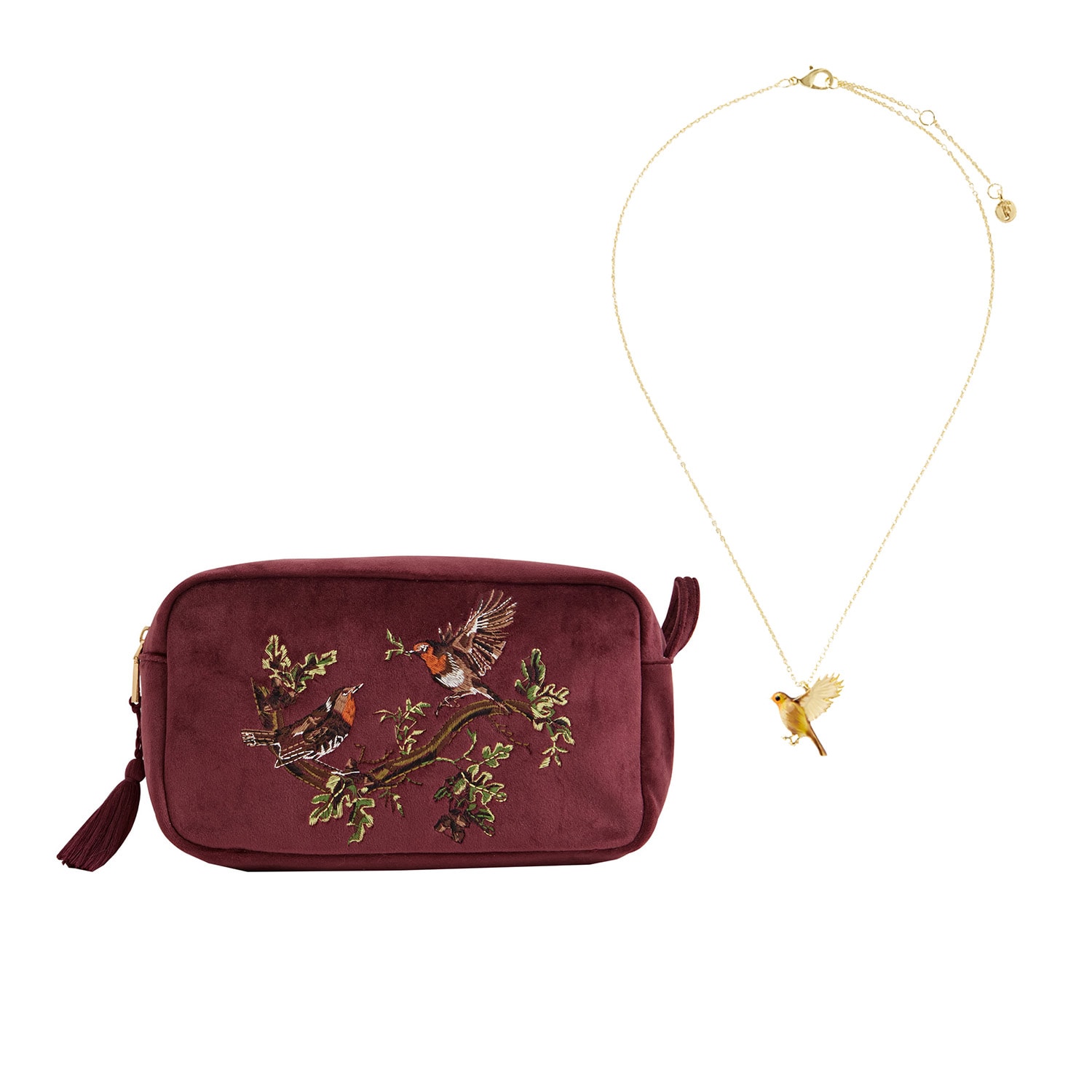 Fable Robin Love Embroidered Pouch Redcurrant Velvet & Flying Robin Necklace Fable England