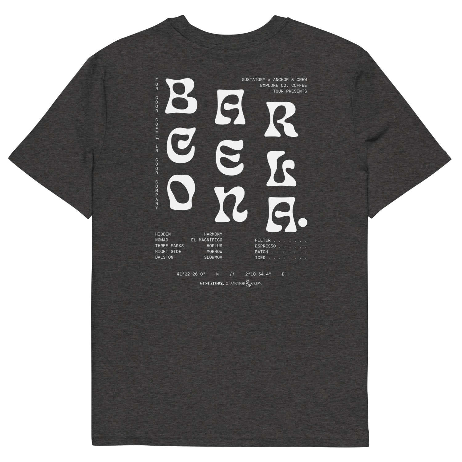 Anchor & Crew Dark Heather Grey Gustatory Barcelona Coffee Scene Organic Cotton Embroidered T-shirt - Men In Grey