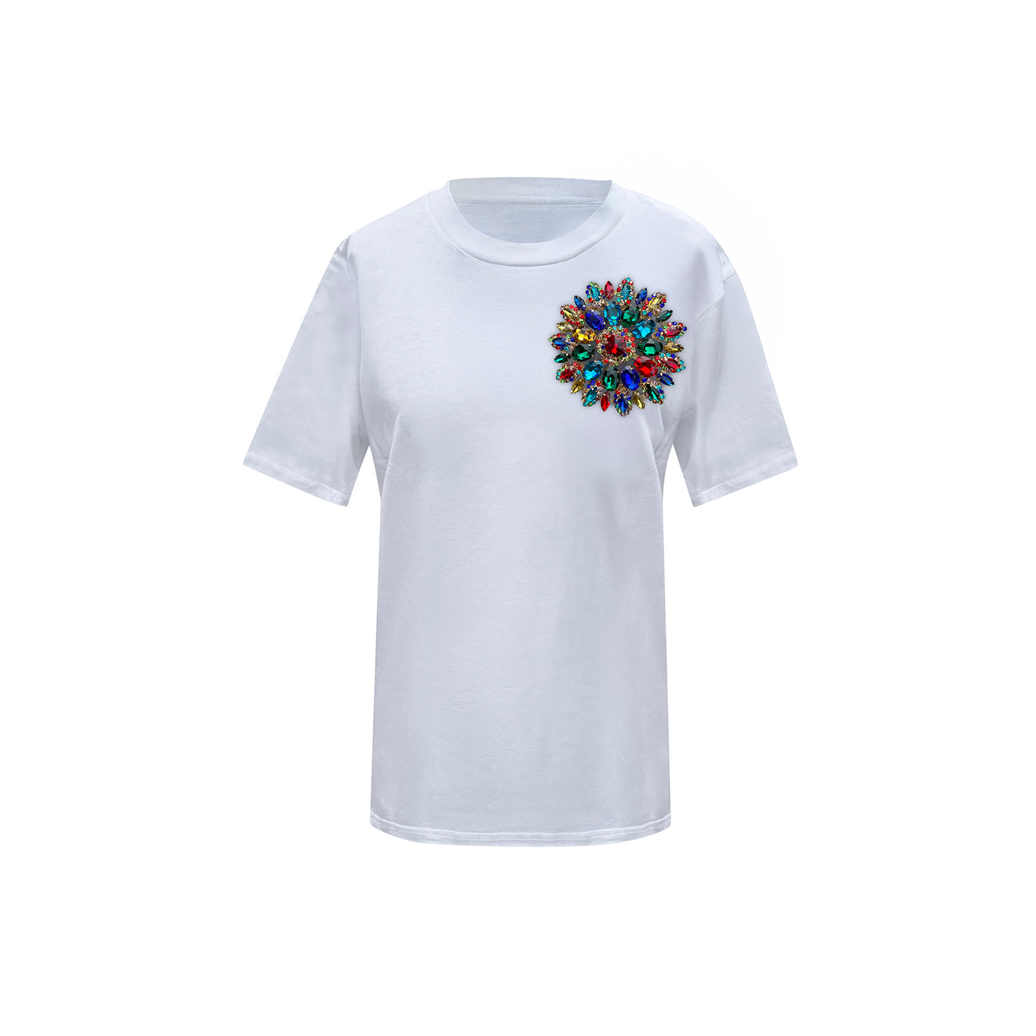 Toma Women's Flower Summer White Cotton T-shirt With Multicoloured Swarovski Crystals