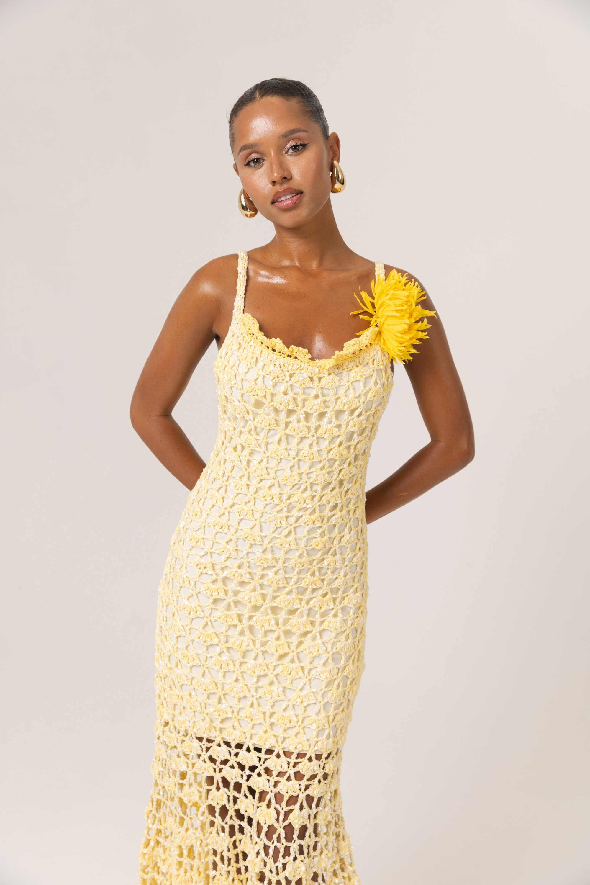crocheted dress Winona Crochet  Retrofete perfect for warm days and relaxed evenings. ANDREEVA | Butter Yellow Chrysanthemum