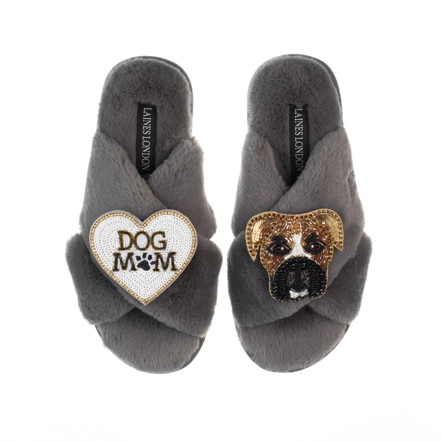 Women’s Classic Laines Slippers With Pip The Boxer & Dog Mum / Mom Brooches - Grey Medium Laines London