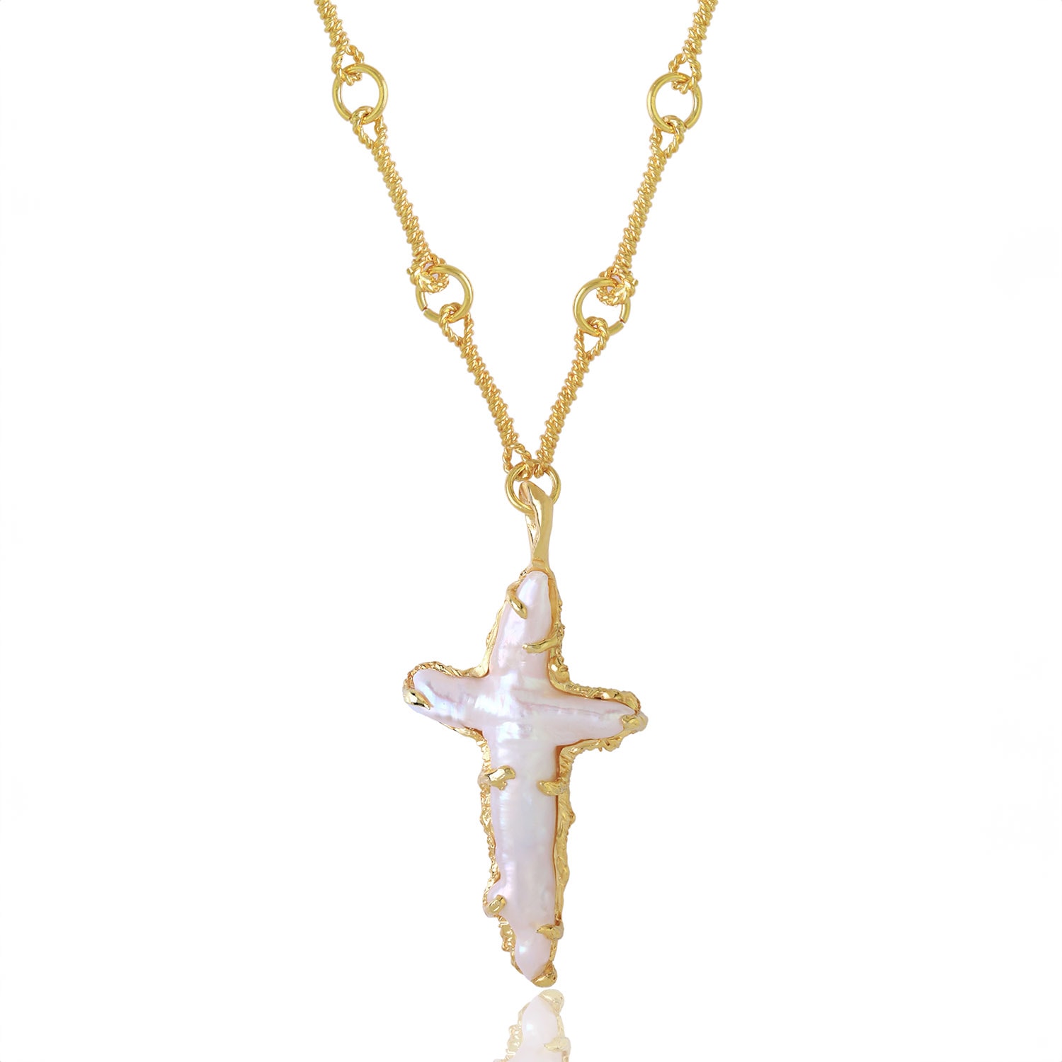 Ece London Women's Gold / White The Tethys Baroque Pearl Cross With The Roman Chain In Multi