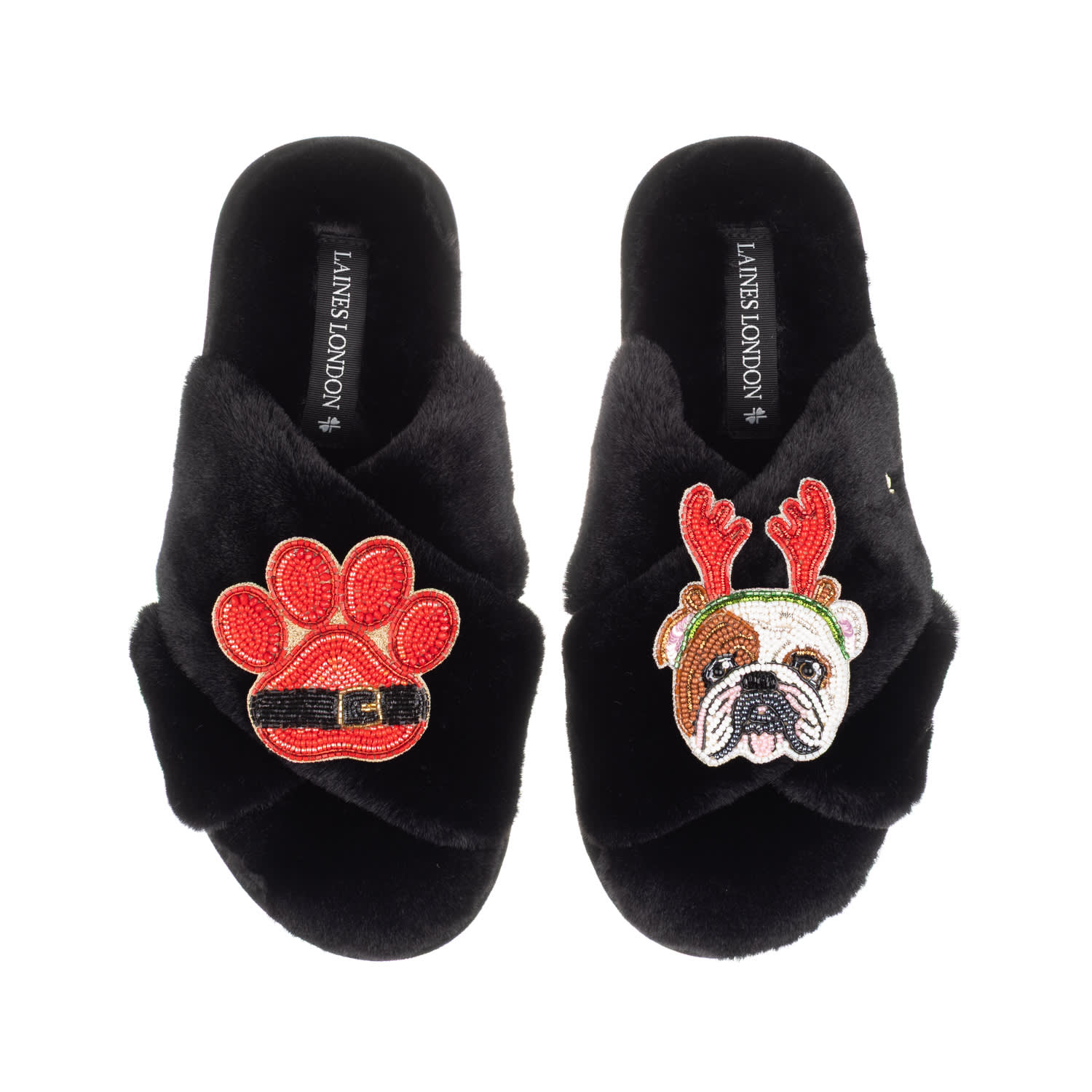 Laines London Women's Classic Slippers With Christmas British Bulldog & Paw Brooches - Black In Black
