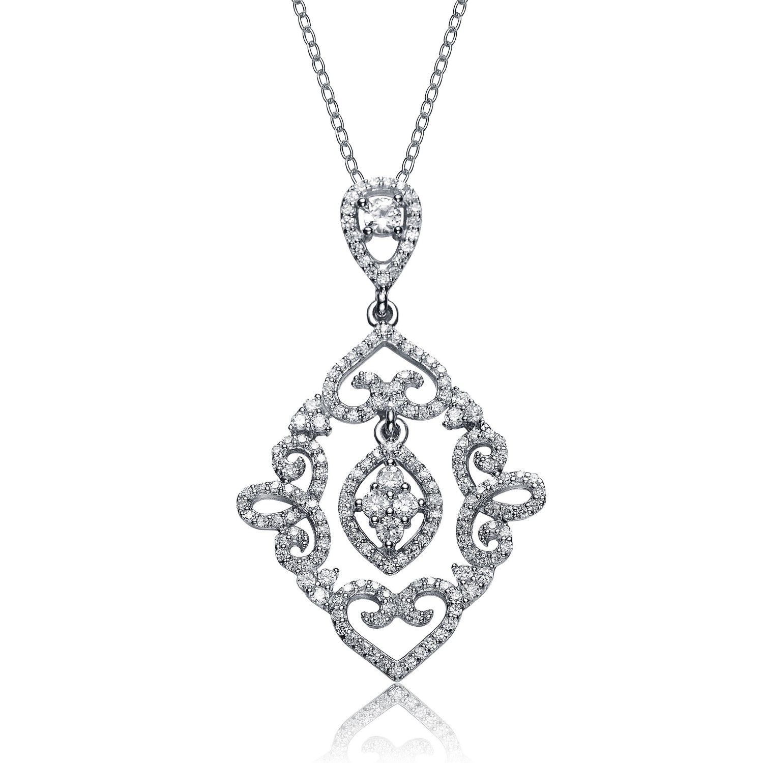 Genevive Jewelry Women's White / Silver Sterling Silver Lace Design Dangling Pendant In Multi