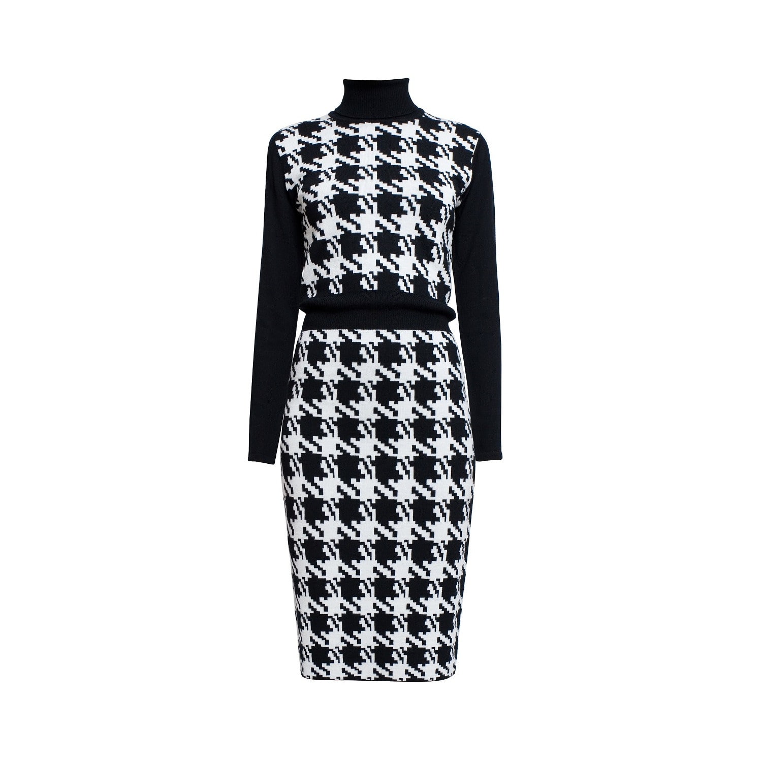 Women's Black / White Lina Houndstooth Merino Wool Knitted Dress