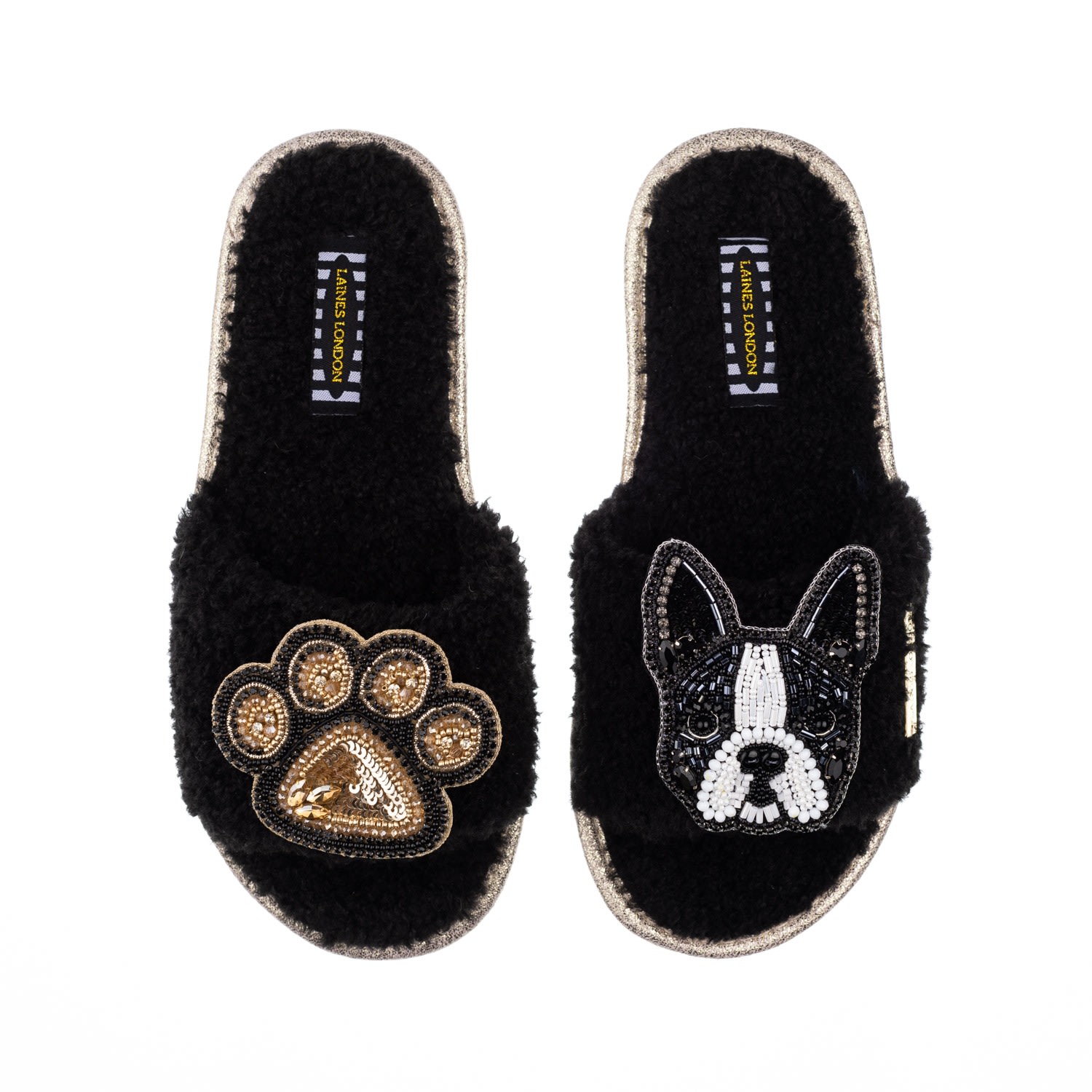 Women’s Teddy Towelling Slipper Sliders With Buddy Boston Terrier & Paw Brooches - Black Small Laines London