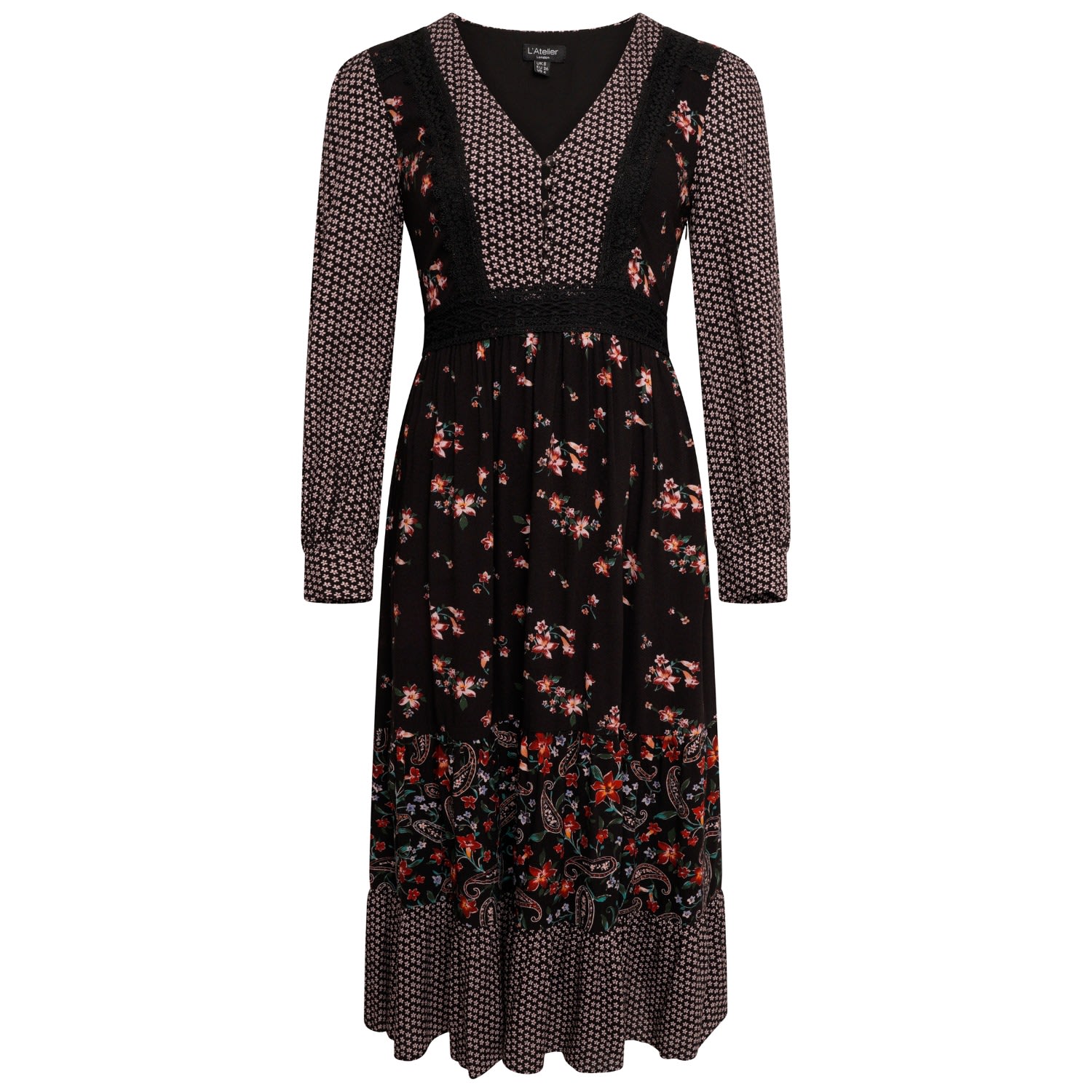 Women’s Black / Red Penelope Floral Print Mix Midi Dress Medium Latelier London