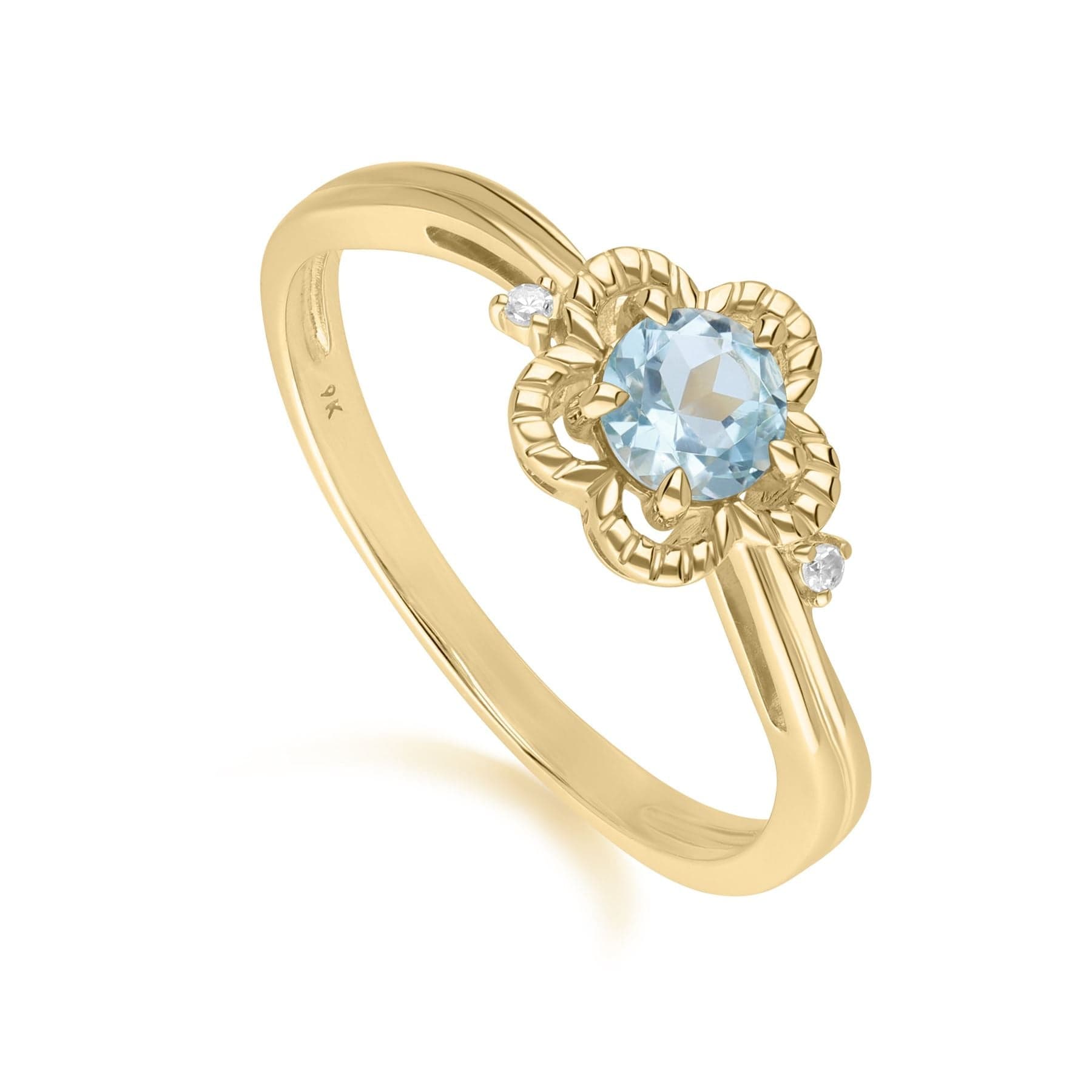 Women’s Floral Round Blue Topaz & Diamond Ring In Yellow Gold Gemondo