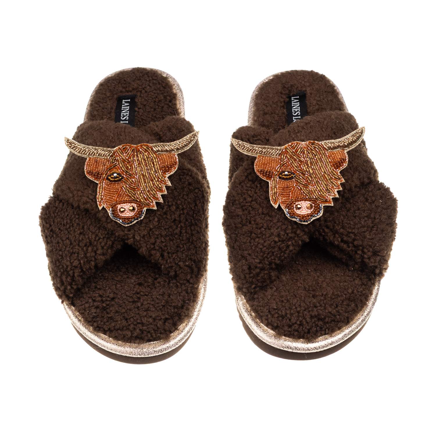 Laines London Women's Brown / Neutrals Laines Neutral Boucle Slippers With Highland Cow Brooches - Chocolate
