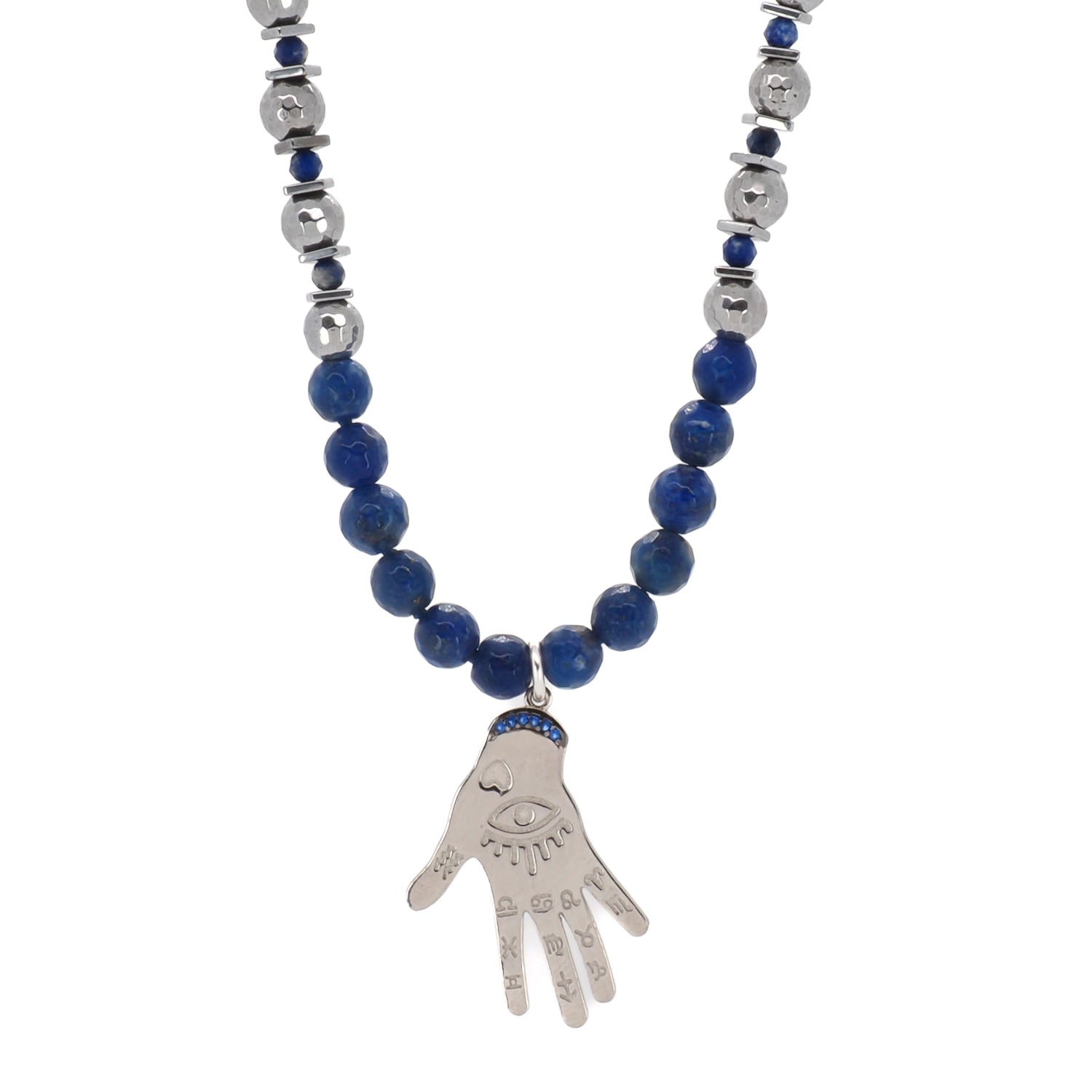 Women’s Blue / Silver Lapis Lazuli & Hematite Stone Sterling Silver Hamsa Pendant Beaded Necklace - Blue Ebru Jewelry