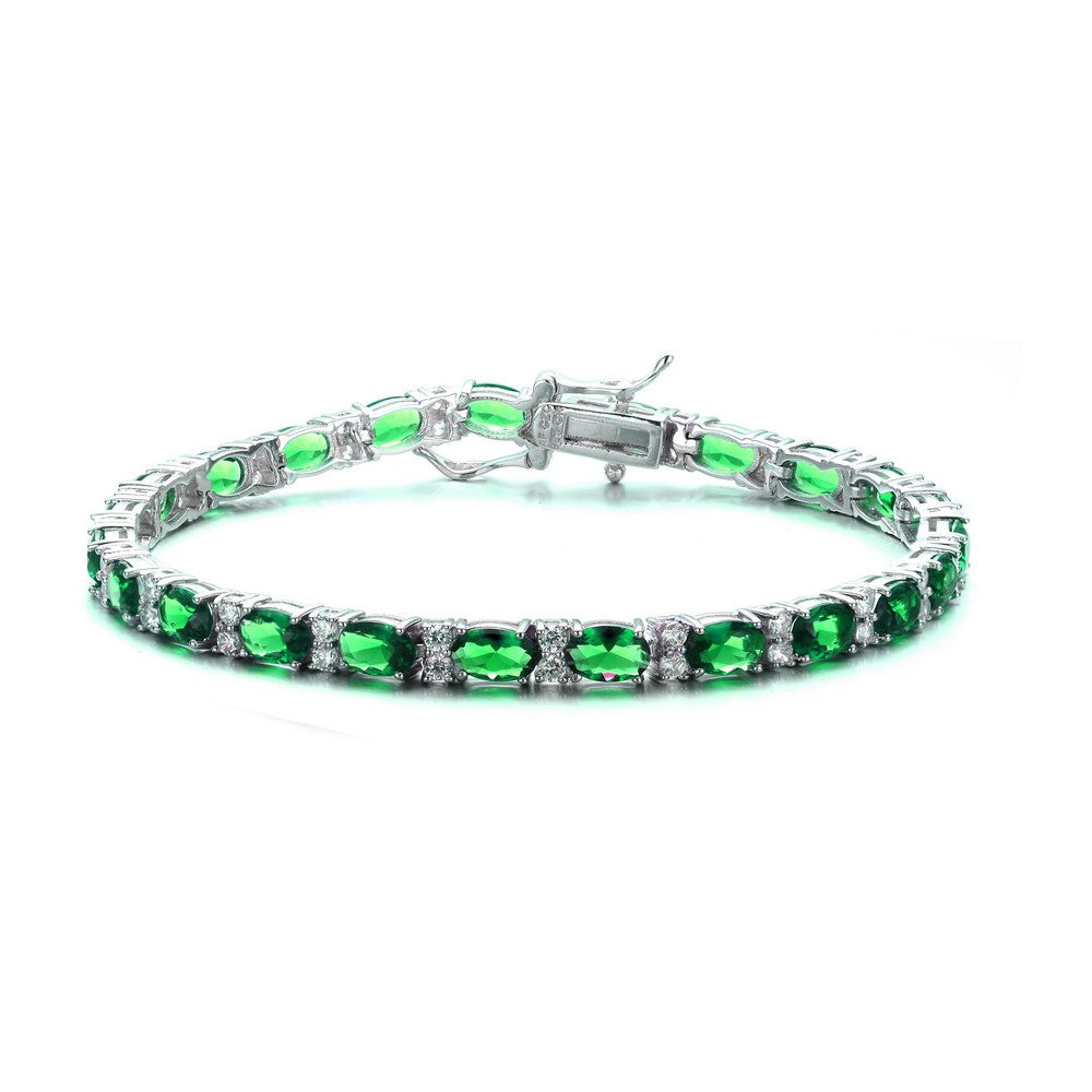 Genevive Jewelry Women's Sterling Silver White Gold Plated With Emerald Green Cubic Zirconia Tennis Bracelet In Green