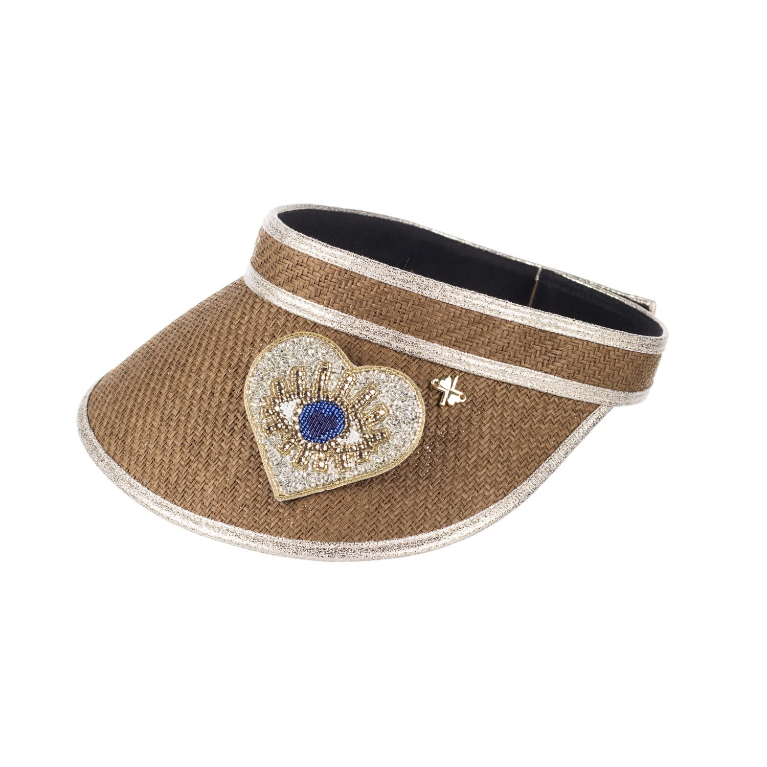 Women’s Brown Straw Woven Visor With Embellished Couture Gold & Blue Heart Eye Brooch - Caramel One Size Laines London