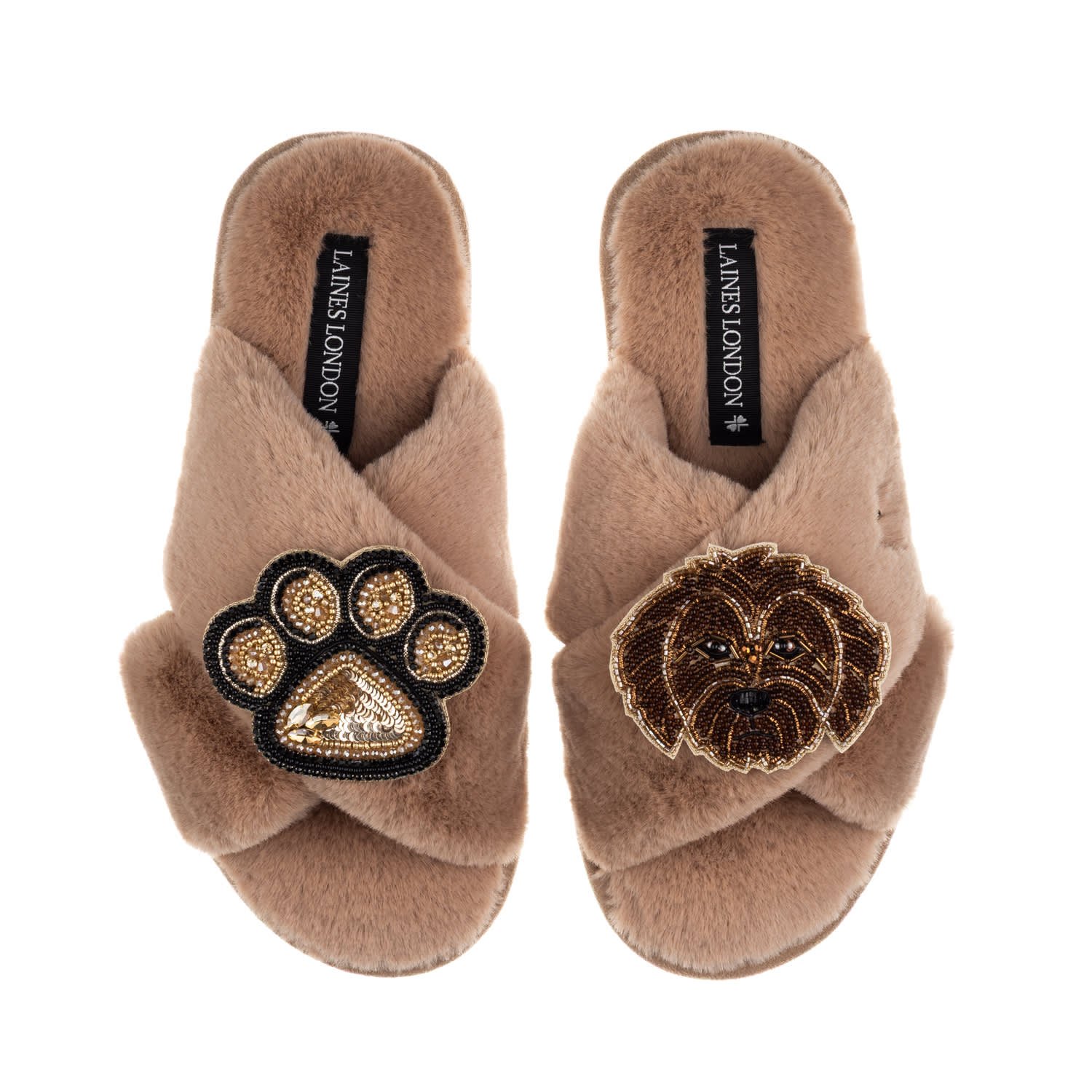 Laines London Women's Brown / Neutrals Classic Laines Slippers With Paw & Chocolate Cockapoo Brooches - Toffee In Brown