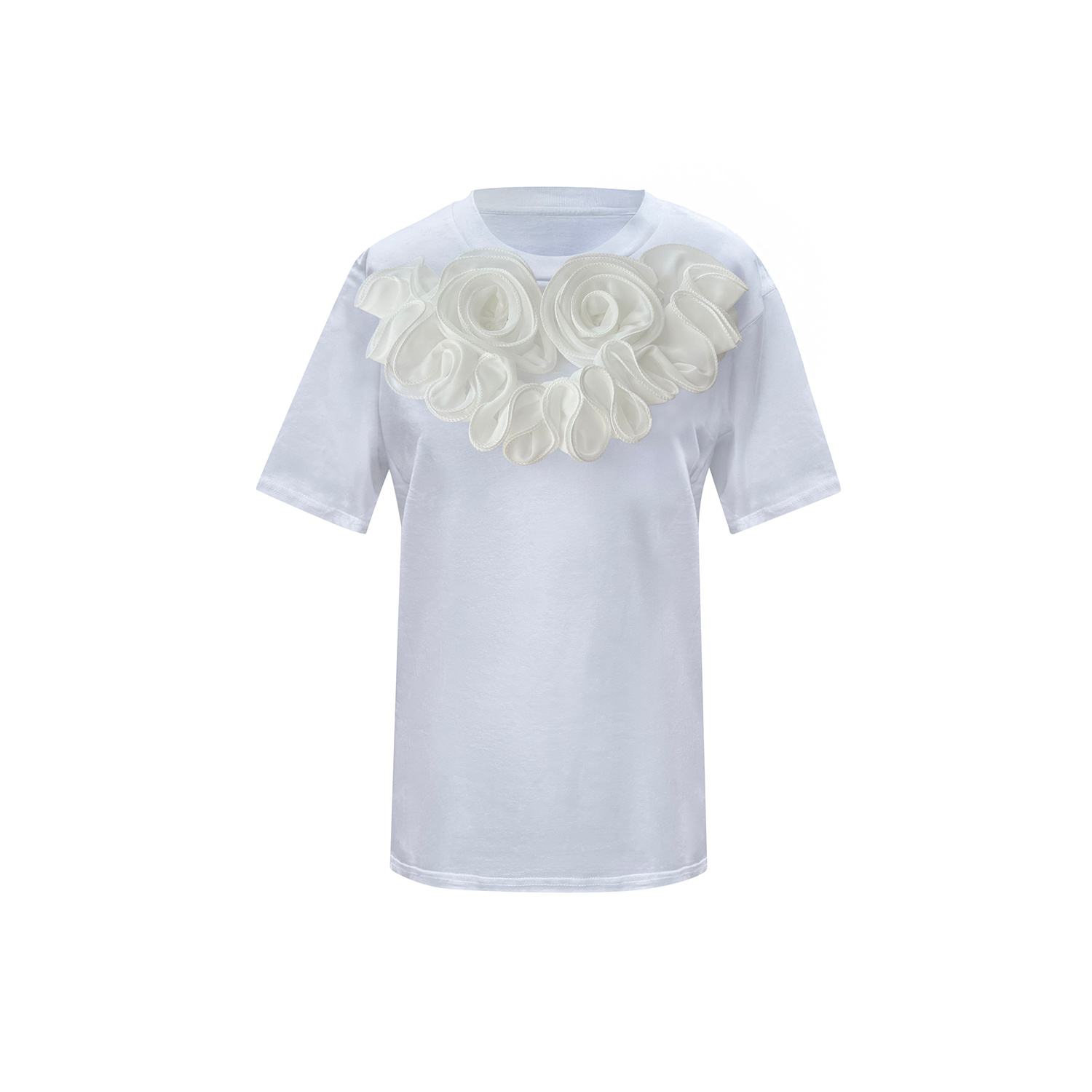Toma Women's Flower Summer White Cotton T-shirt With Chic White Central Flowers