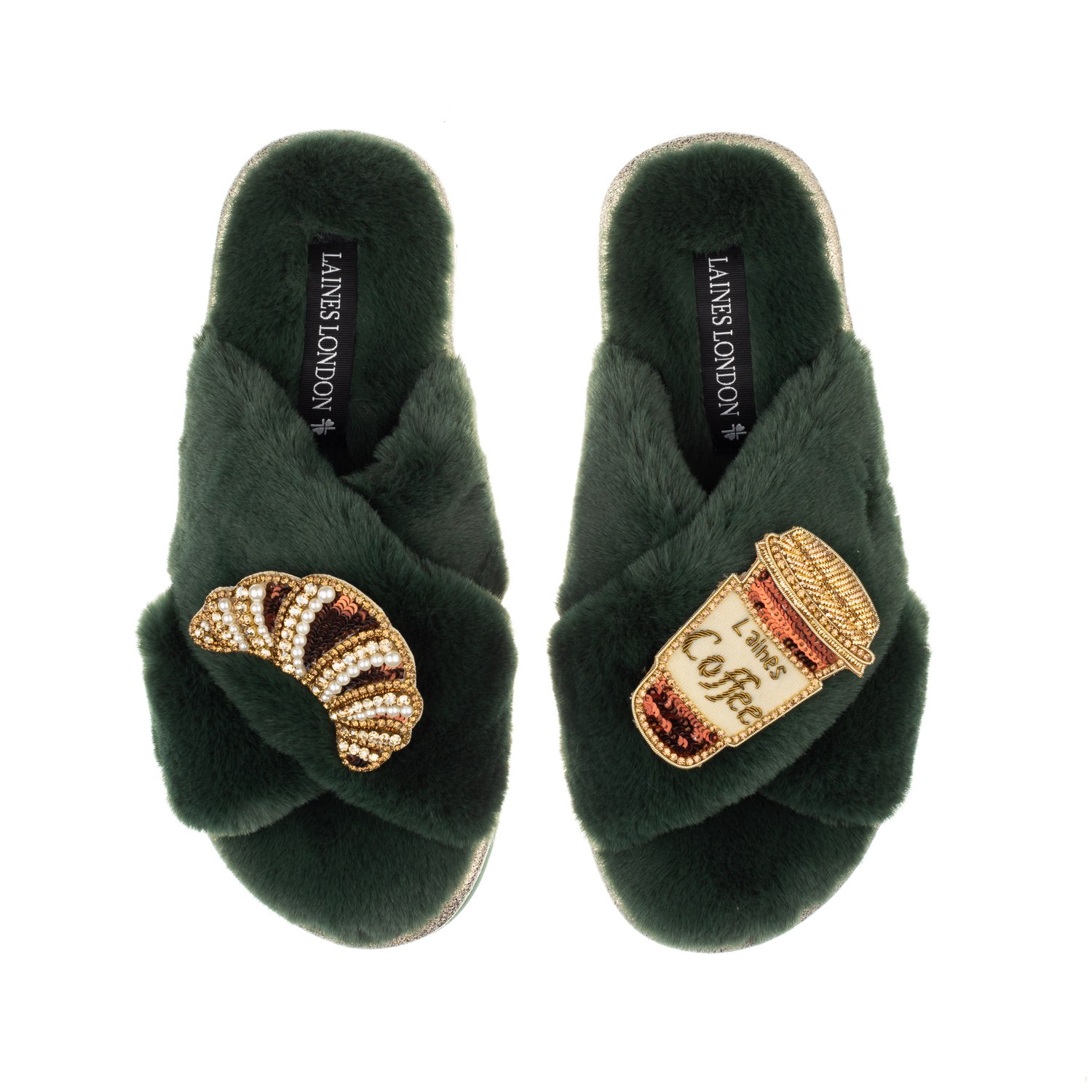 Laines London Women's Classic Laines Slippers With Coffee Cup & Croissant Brooches - Limited Edition Green In Green