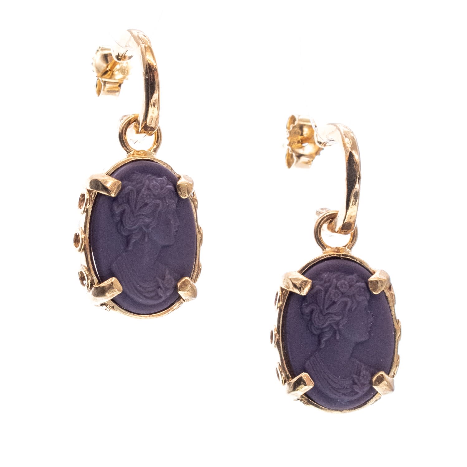 Gem Kingdom Women's Gold / Purple Gold Plated Earrings - Purple Cameo In Blue