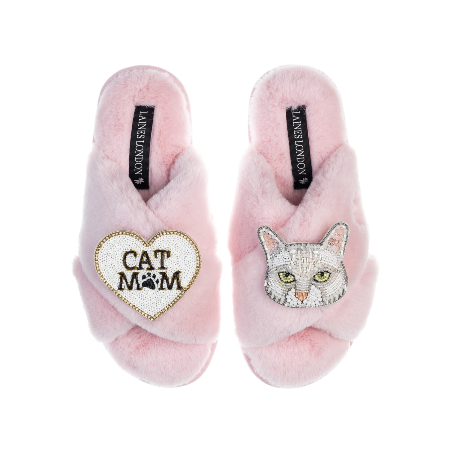 Laines London Women's Pink / Purple Classic Laines Slippers With White Lily Cat & Cat Mum / Mom Brooches - Pink