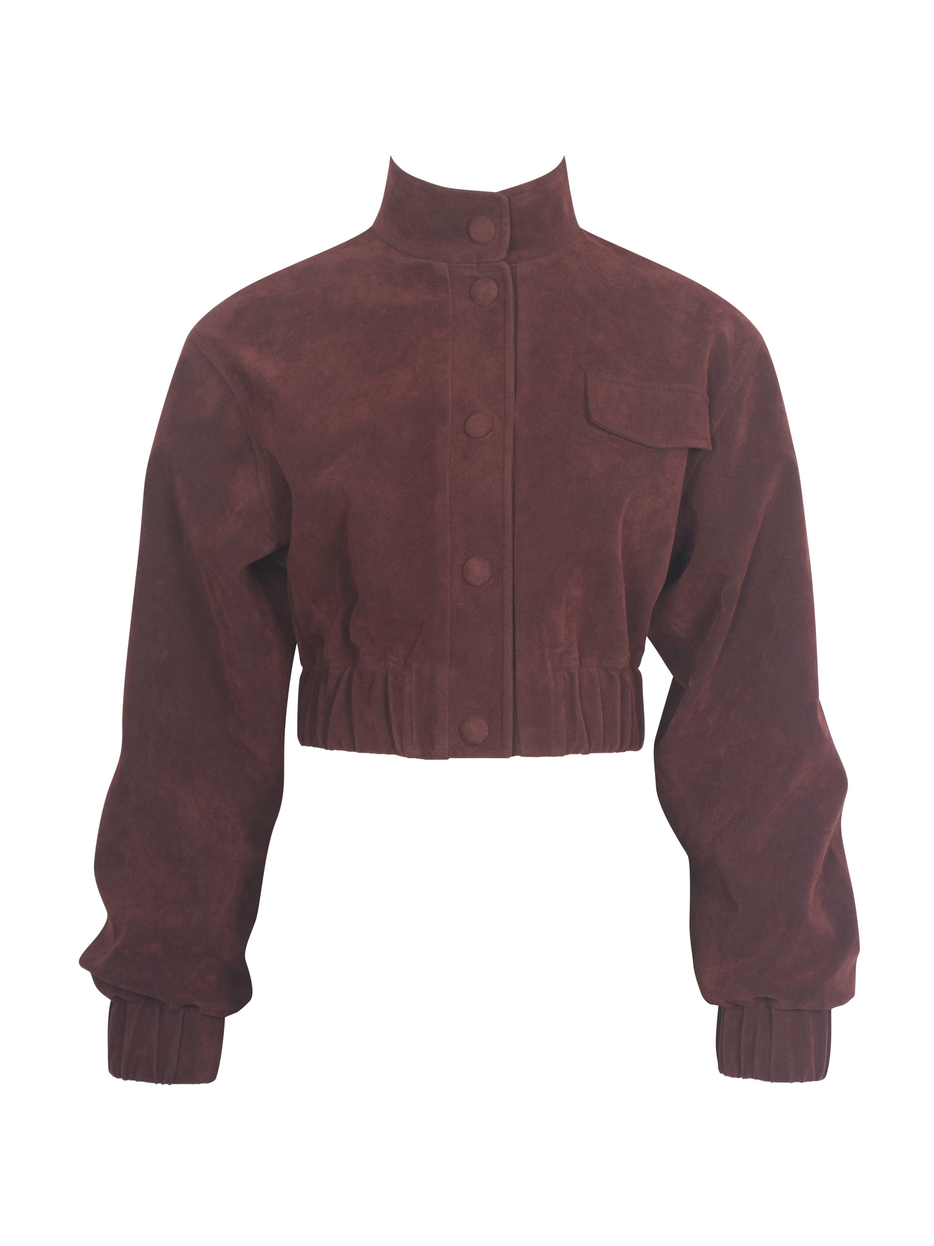 Women's Red Farryn Mahogany Vegan Suede Cropped Bomber Jacket | Medium | Miss Circle New York