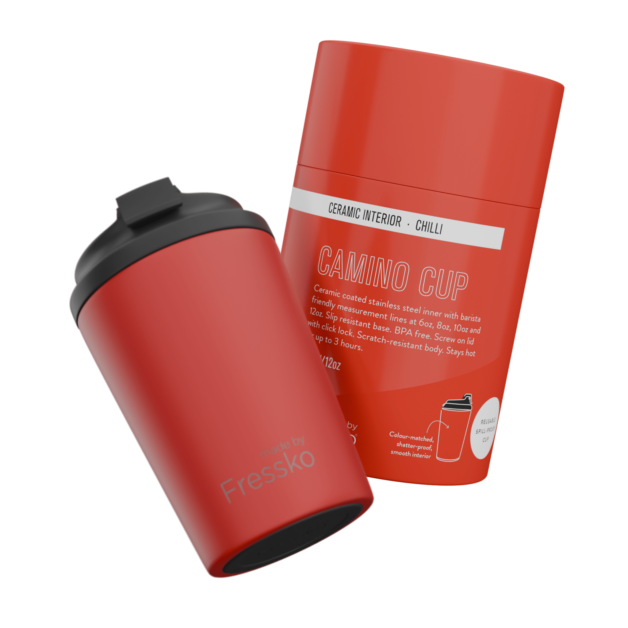Fressko Red , Camino Reusable Coffee Cup, Ceramic, Chilli In Red