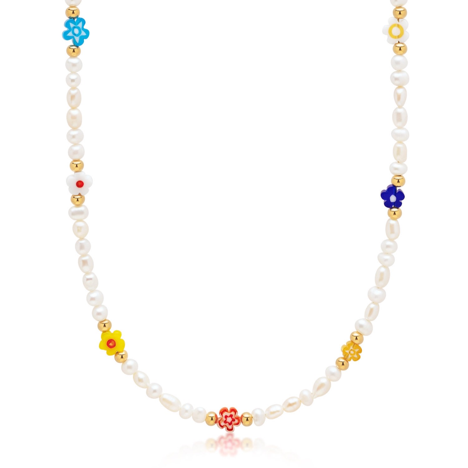 White / Gold Women’s Pearl Choker With Flower Beads Nialaya