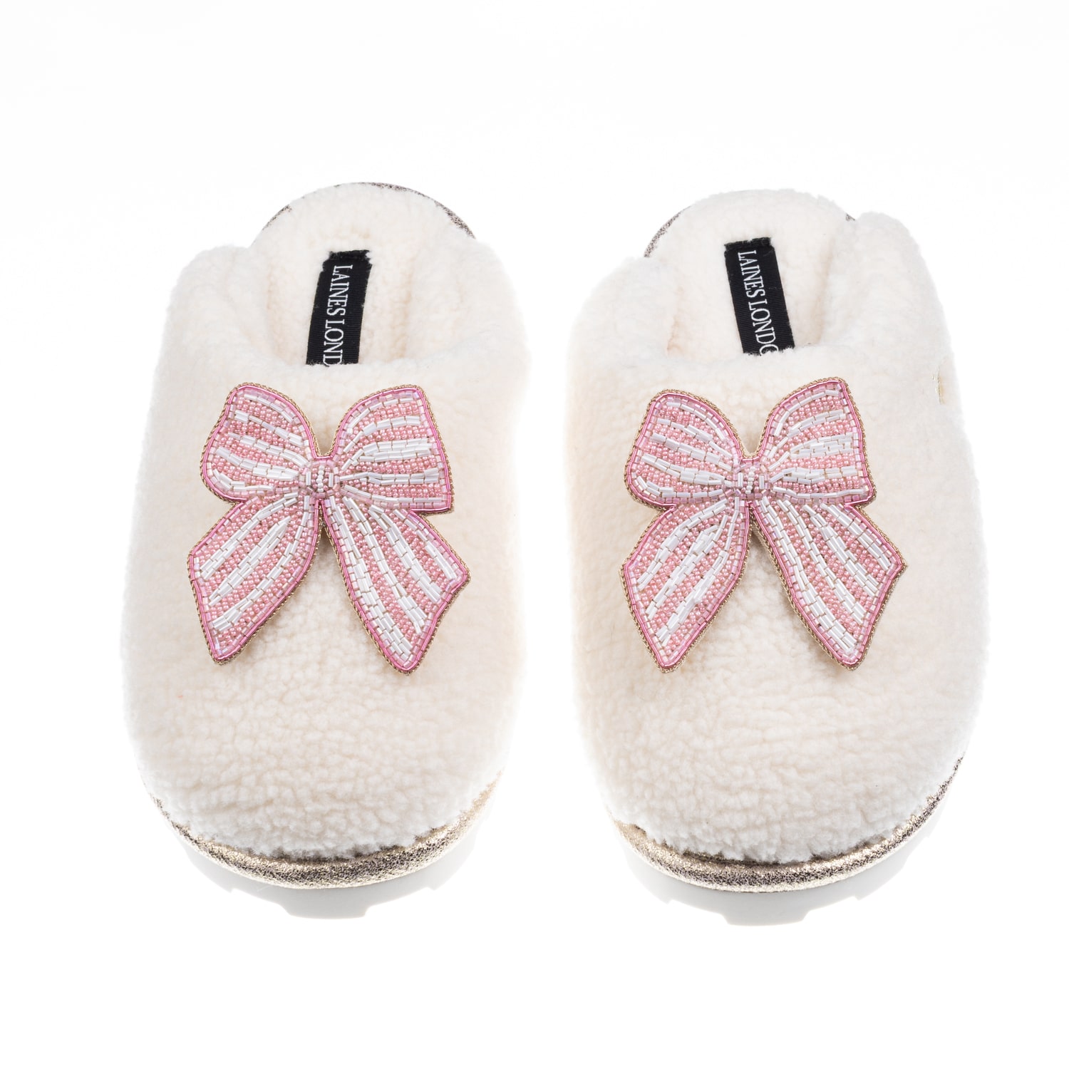Laines London Women's White / Neutrals Teddy Closed Toe Slippers With Pink Stripe Bow Brooches - Cream In White