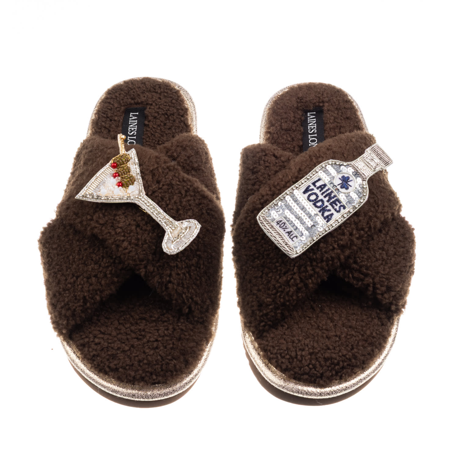 Laines London Women's Brown / Neutrals Laines Neutral Boucle Slippers With Vodka Martini Brooches - Chocolate In Brown