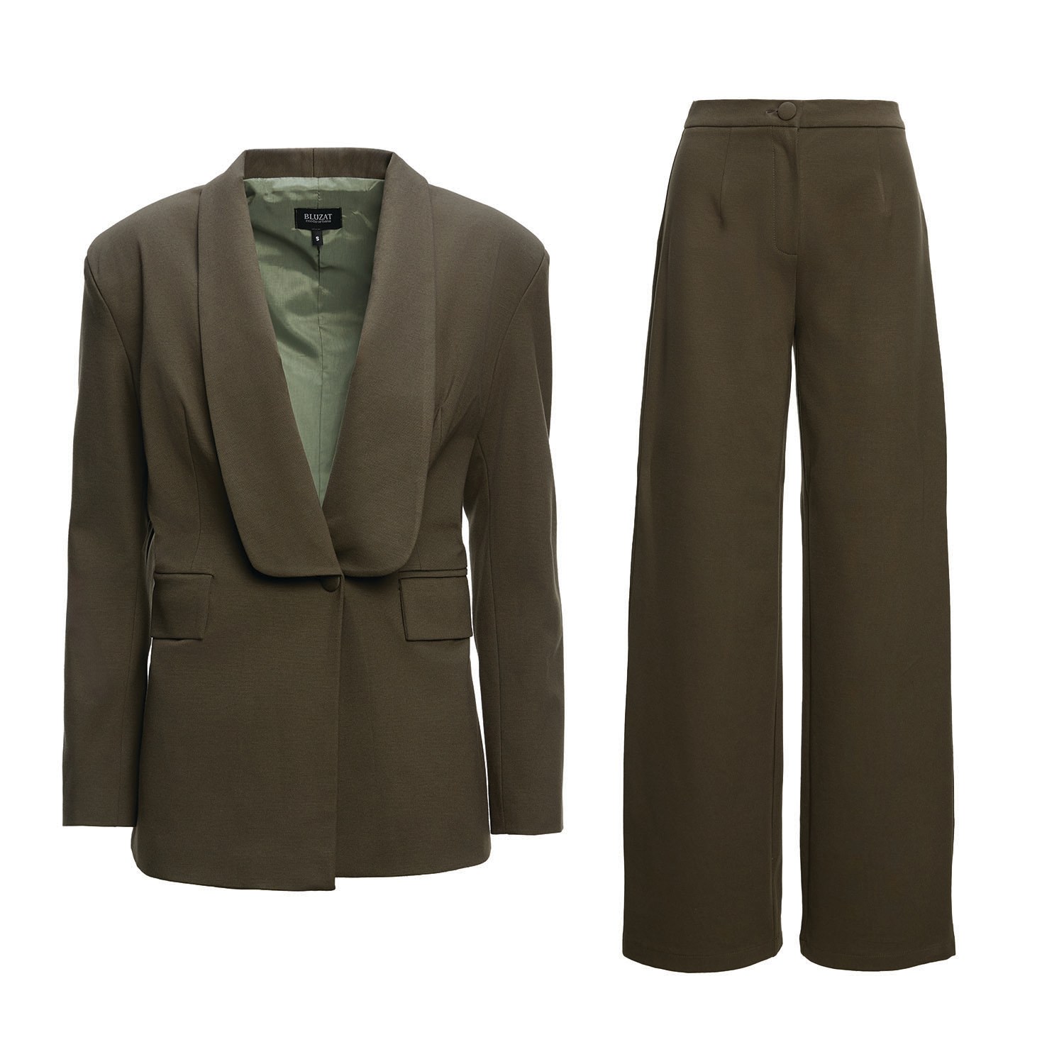 Bluzat Green Khaki Suit With Blazer And Straight Trousers In Green
