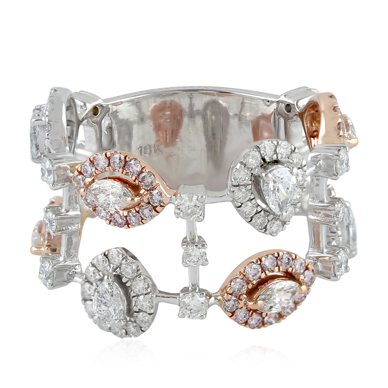 Artisan Women's White / Rose Gold Natural Uncut Diamond Long Band Ring In Rose And White Gold