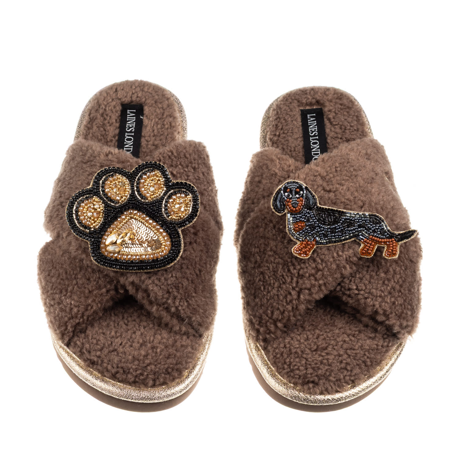 Laines London Women's Brown / Neutrals Boucle Slippers With Paw & Dapple Dachshund Brooches - Mink In Brown