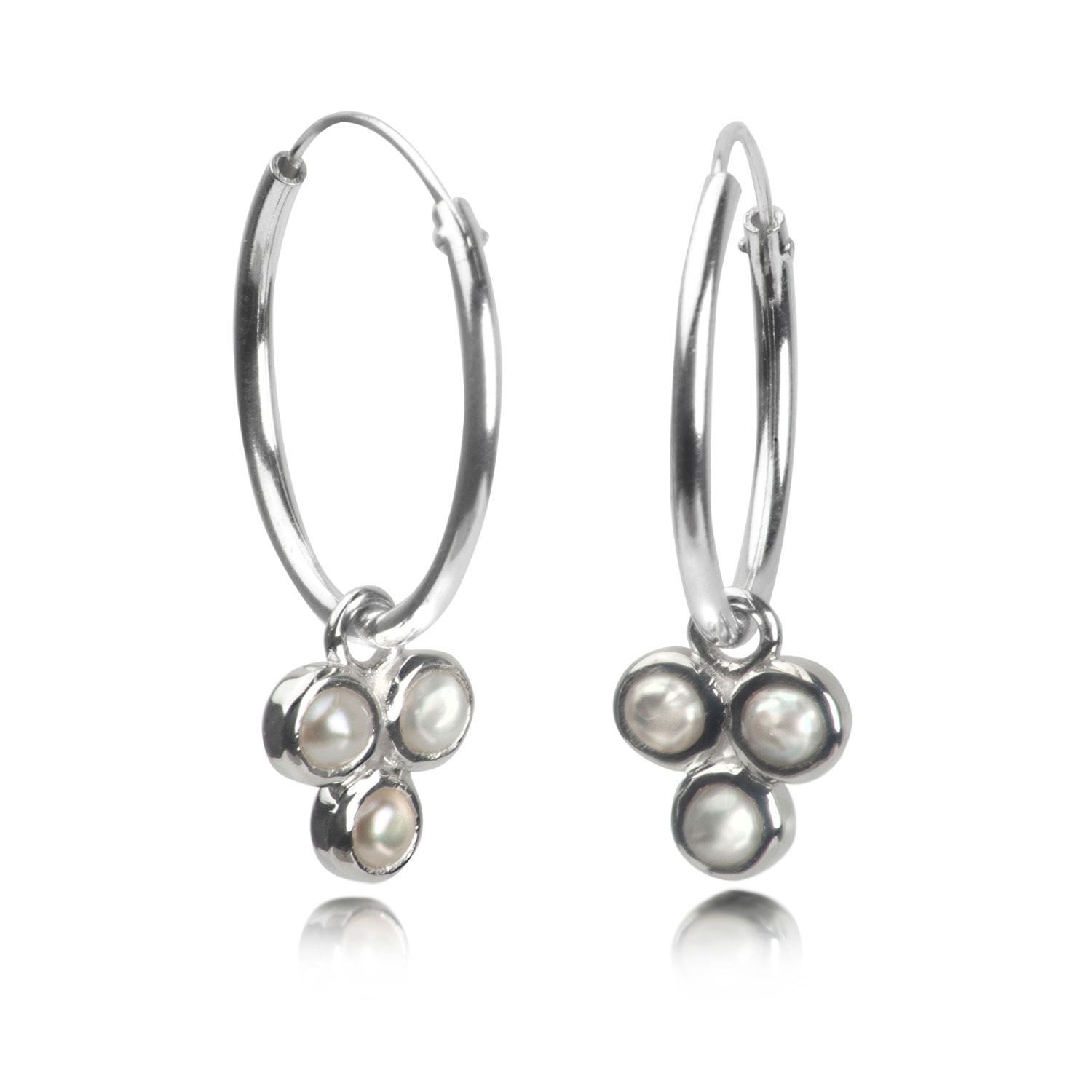 The Jewellery Store London Women's Silver / White Hoop Earrings With Pearls Trilogy Charms In Sterling Silver