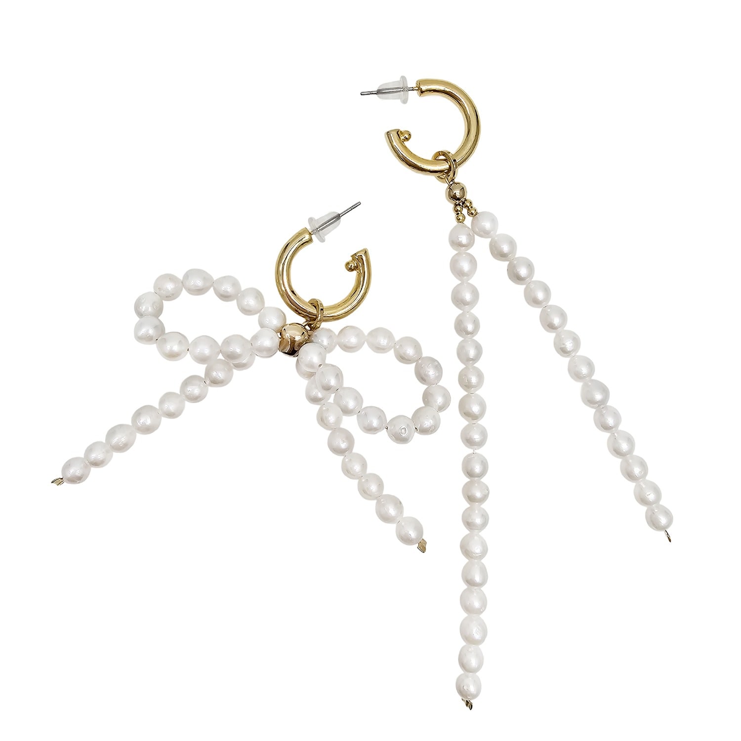 Farra Women's White Freshwater Pearls Butterfly Knot And Tassel Asymmetric Earrings