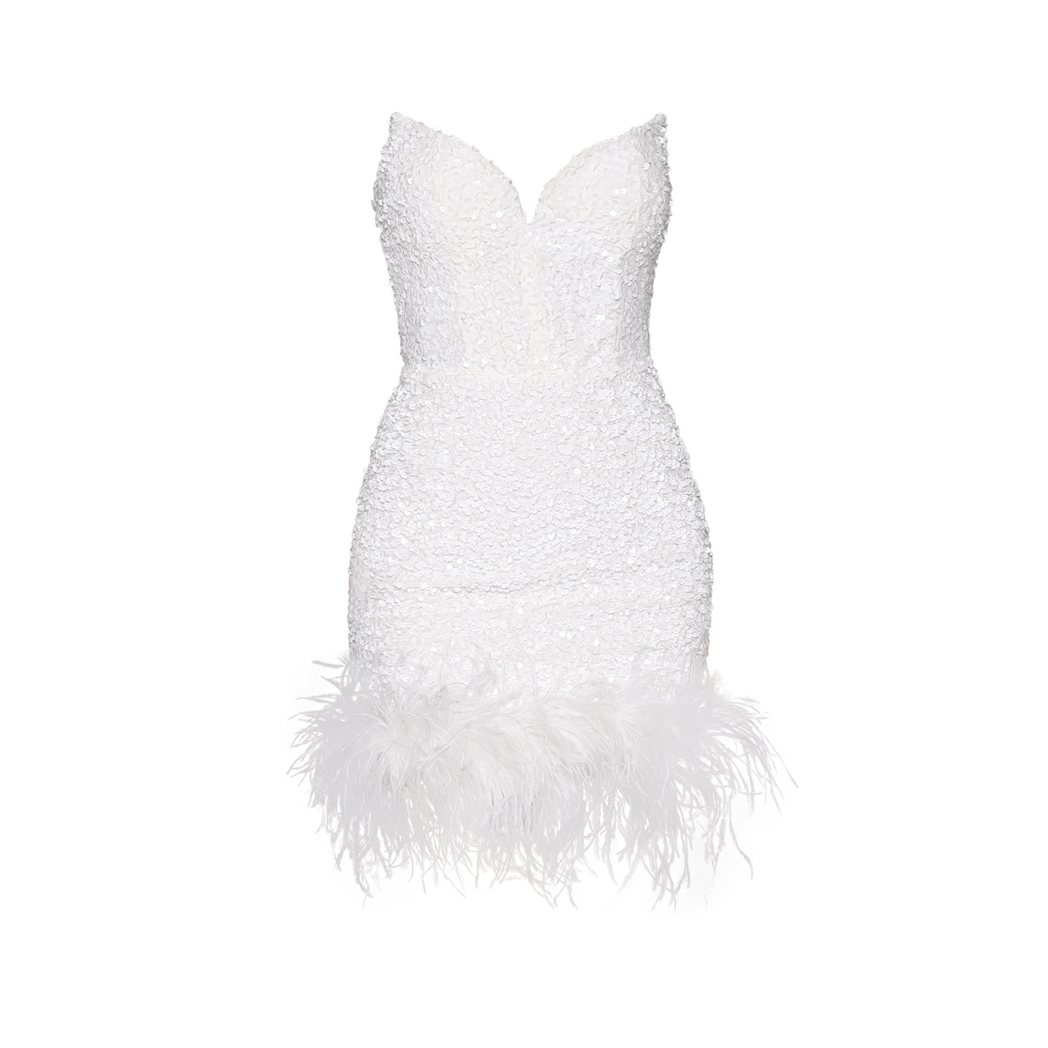 Moda Glam Women's Ziva Strapless Sequin Mini Dress W/ Feather Trim- White In White