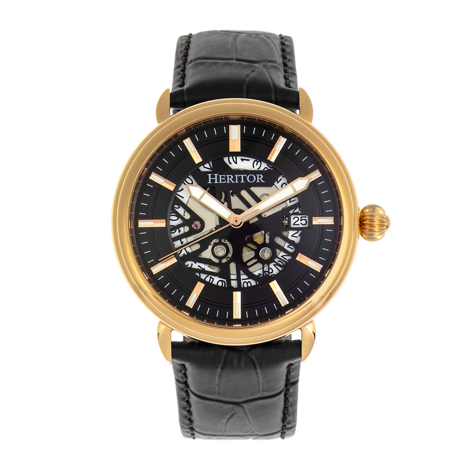 Heritor Automatic Men's Gold / Black Mattias Semi-skeleton Leather-band Watch With Date - Black, Gold In Gold/black