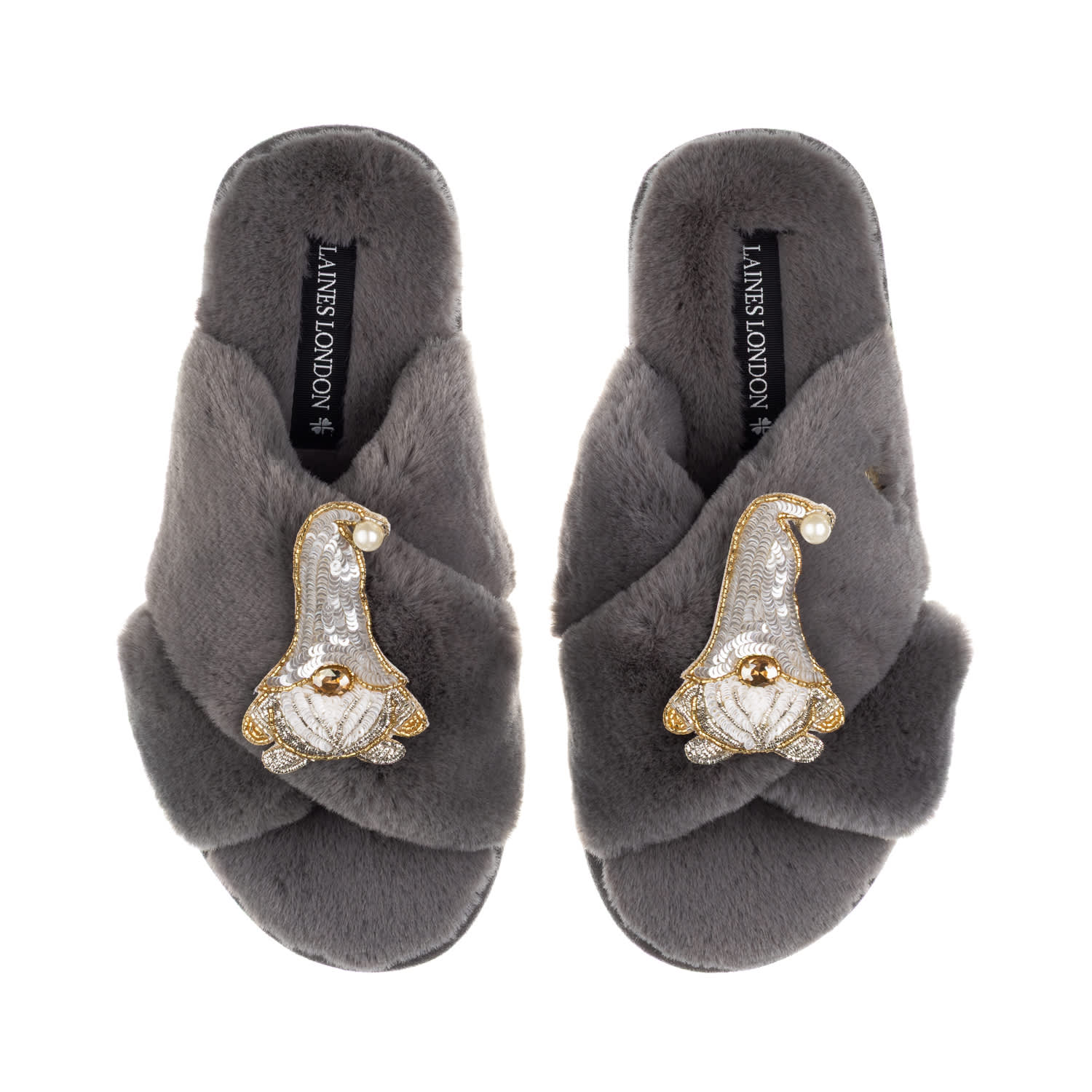 Laines London Women's Classic Laines Christmas Collection Slippers With Double Silver Gonk Brooches - Grey In Gray