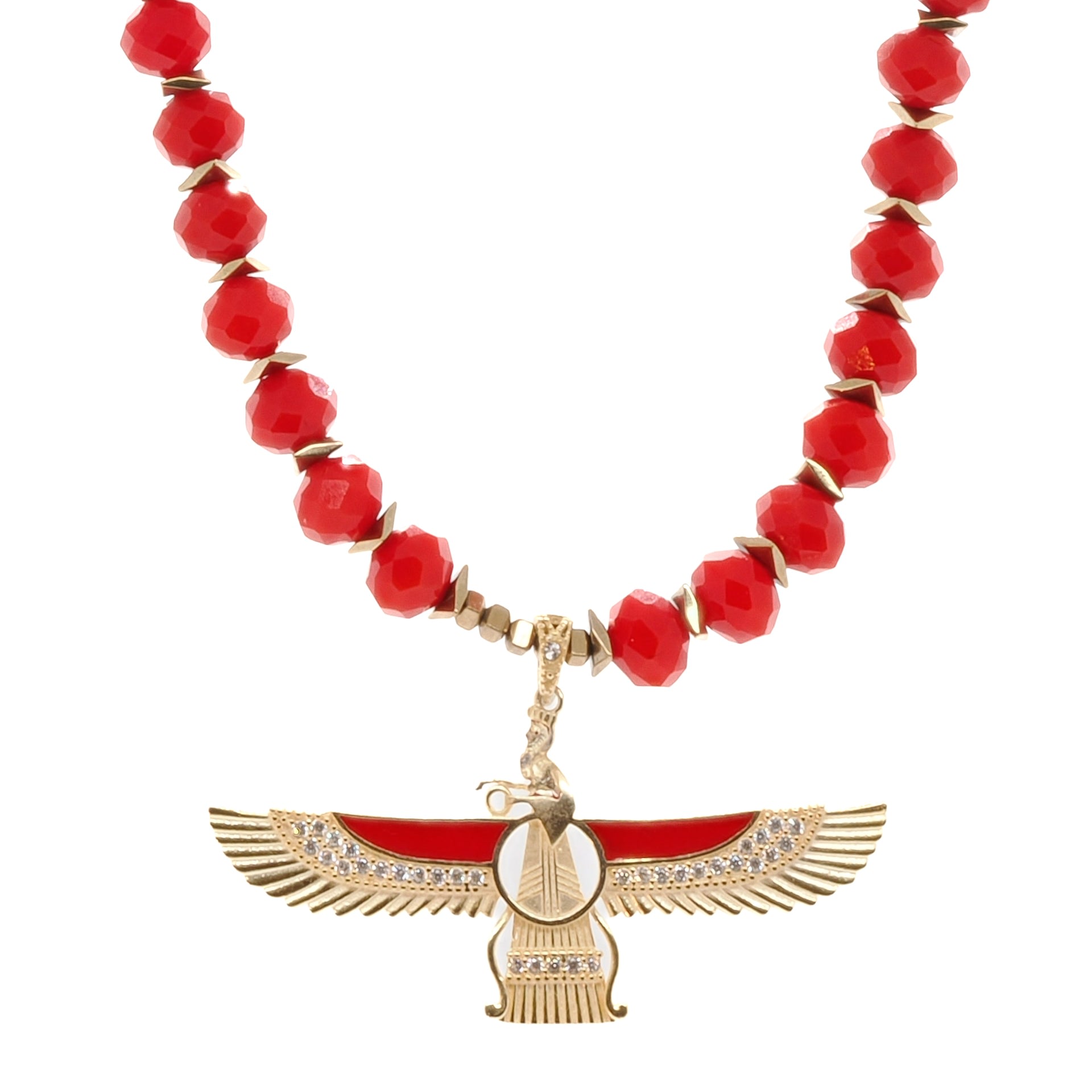 Ebru Jewelry Women's Gold / Red Divine Protection Faravahar Symbol Pendant Red Beaded Necklace - Gold