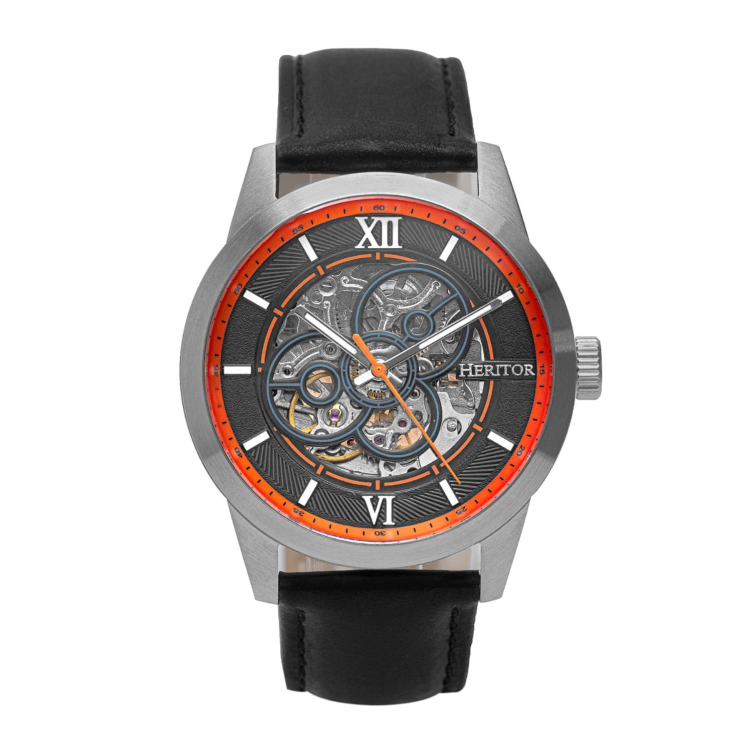 Men’s Black / Yellow / Orange Jonas Leather-Band Skeleton Watch - Black, Orange Heritor Automatic