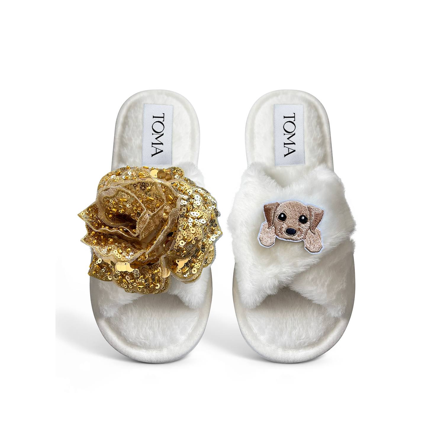 Toma Women's White Classic  Open Toe Gold Sequin Flower And Dog One Slippers In Animal Print