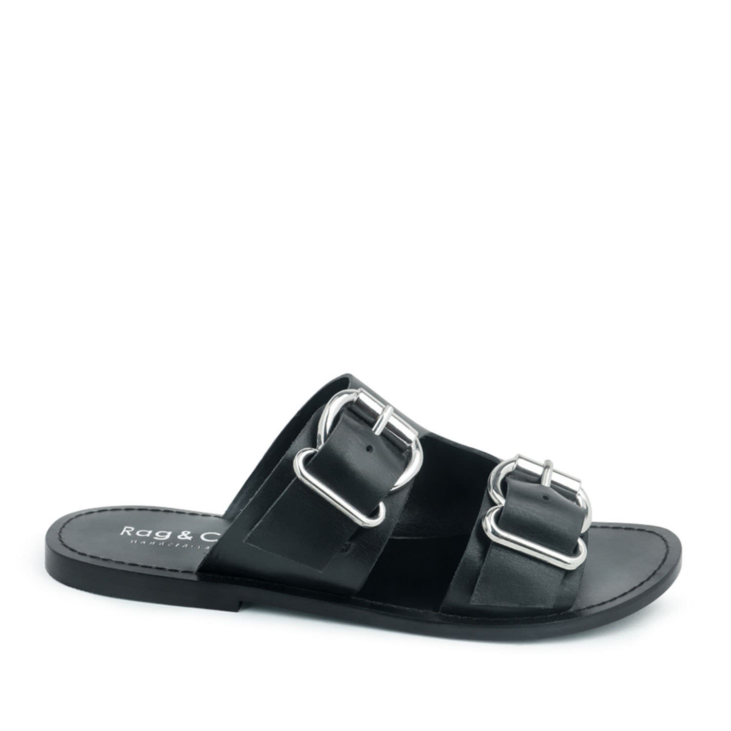 Rag & Co Kelly Black Flat Sandal With Buckle Straps In Black