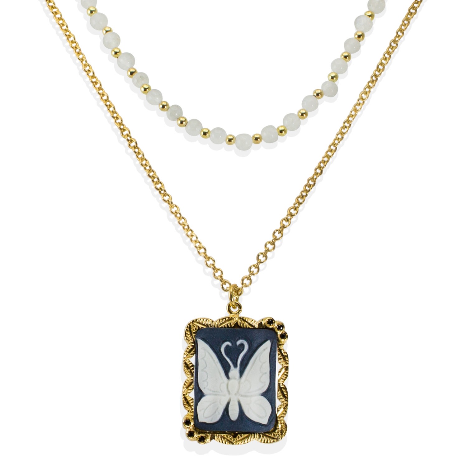Women’s Black Butterfly Cameo & Moonstone Layered Necklace Vintouch Italy